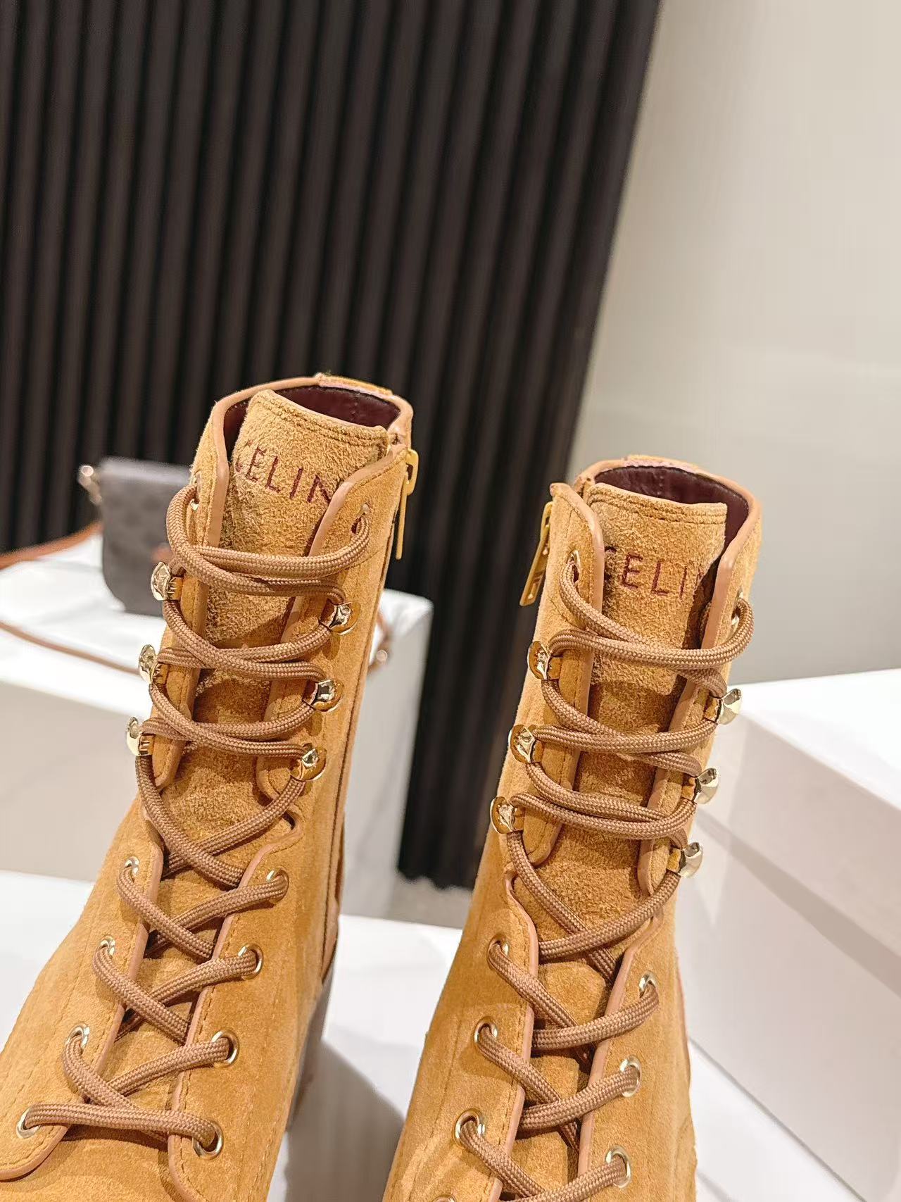 CELINE 25S HIGH HEELED LACE UP BOOTS 50MM IN DARK ORANGE SUEDE - 35