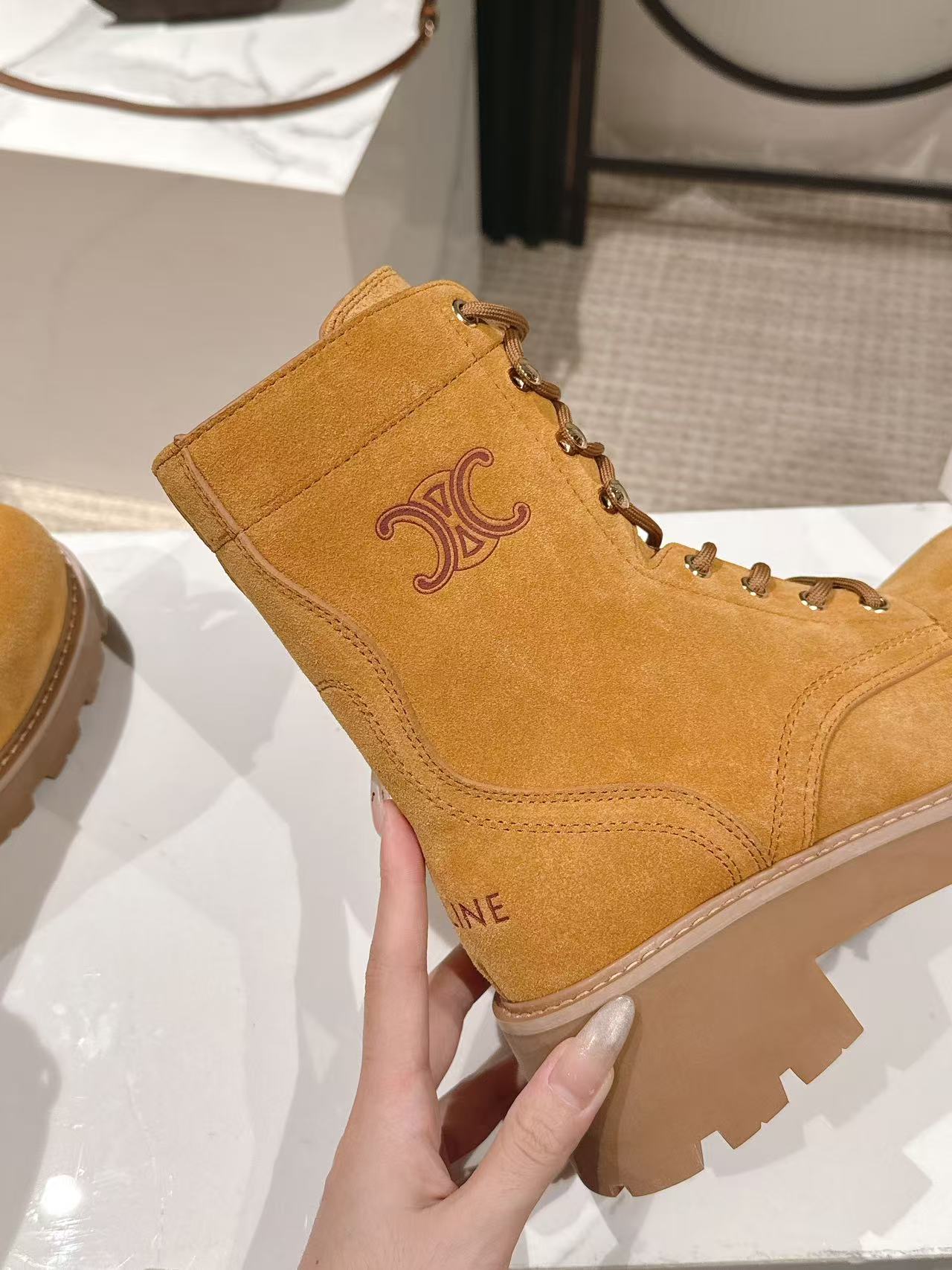 CELINE 25S HIGH HEELED LACE UP BOOTS 50MM IN DARK ORANGE SUEDE - 35