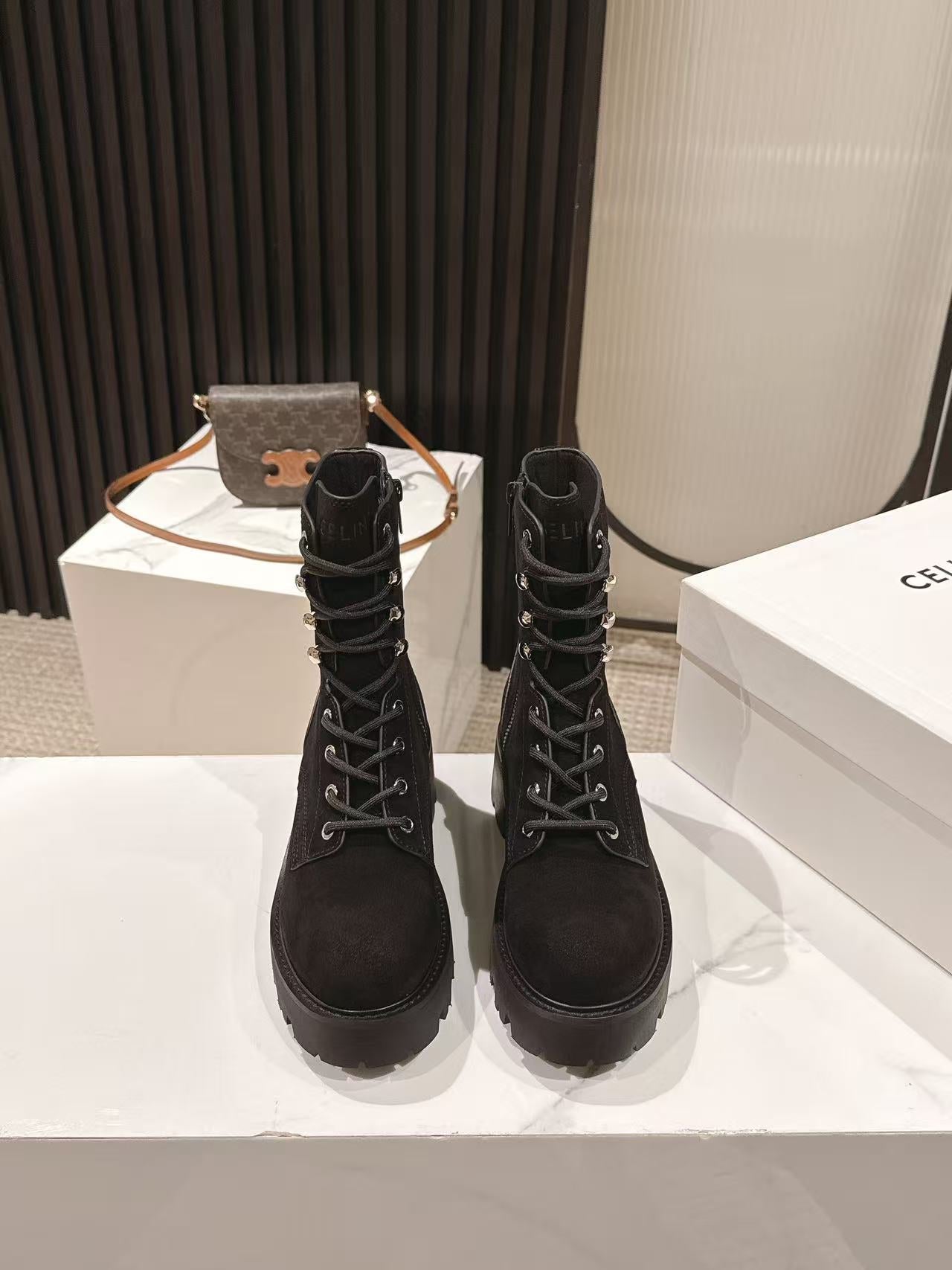 CELINE 25S HIGH HEELED LACE UP BOOTS 50MM IN BLACK SUEDE - 35