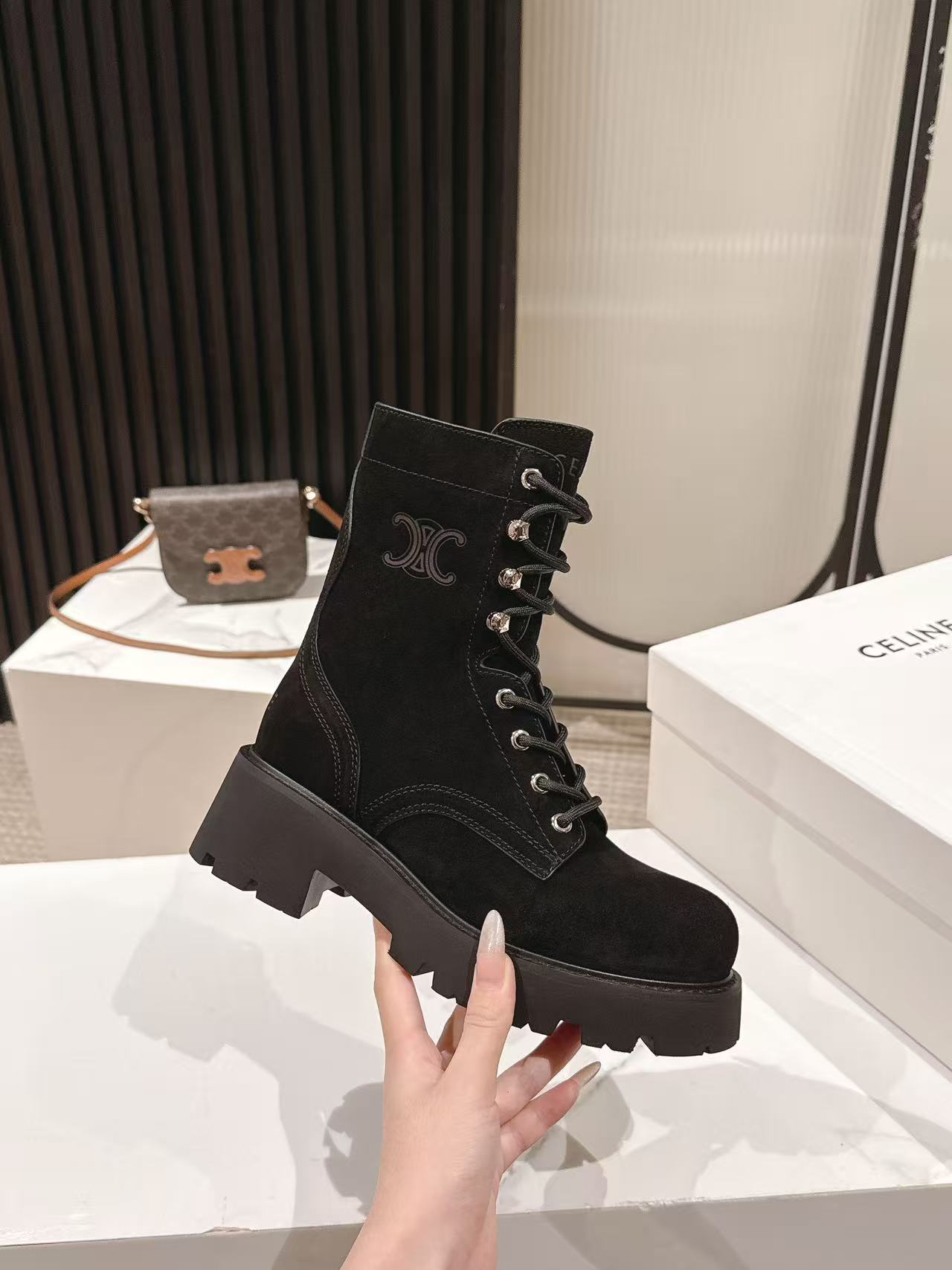CELINE 25S HIGH HEELED LACE UP BOOTS 50MM IN BLACK SUEDE - 35