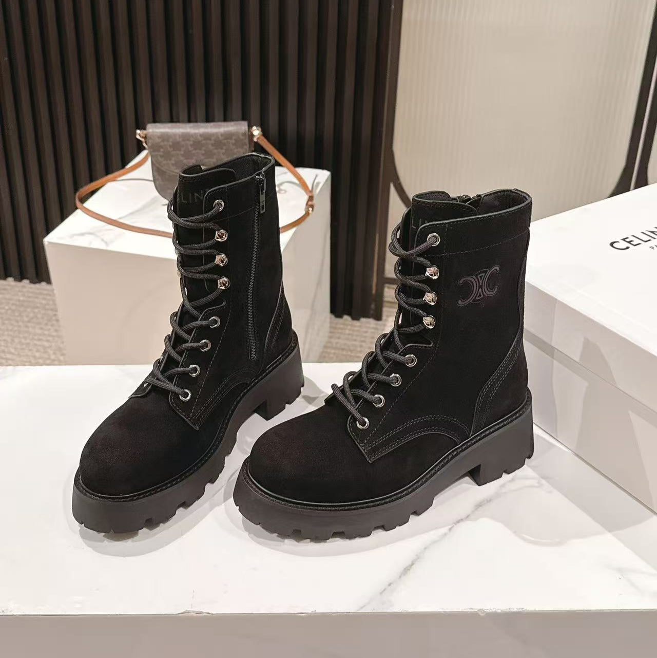 CELINE 25S HIGH HEELED LACE UP BOOTS 50MM IN BLACK SUEDE - 35