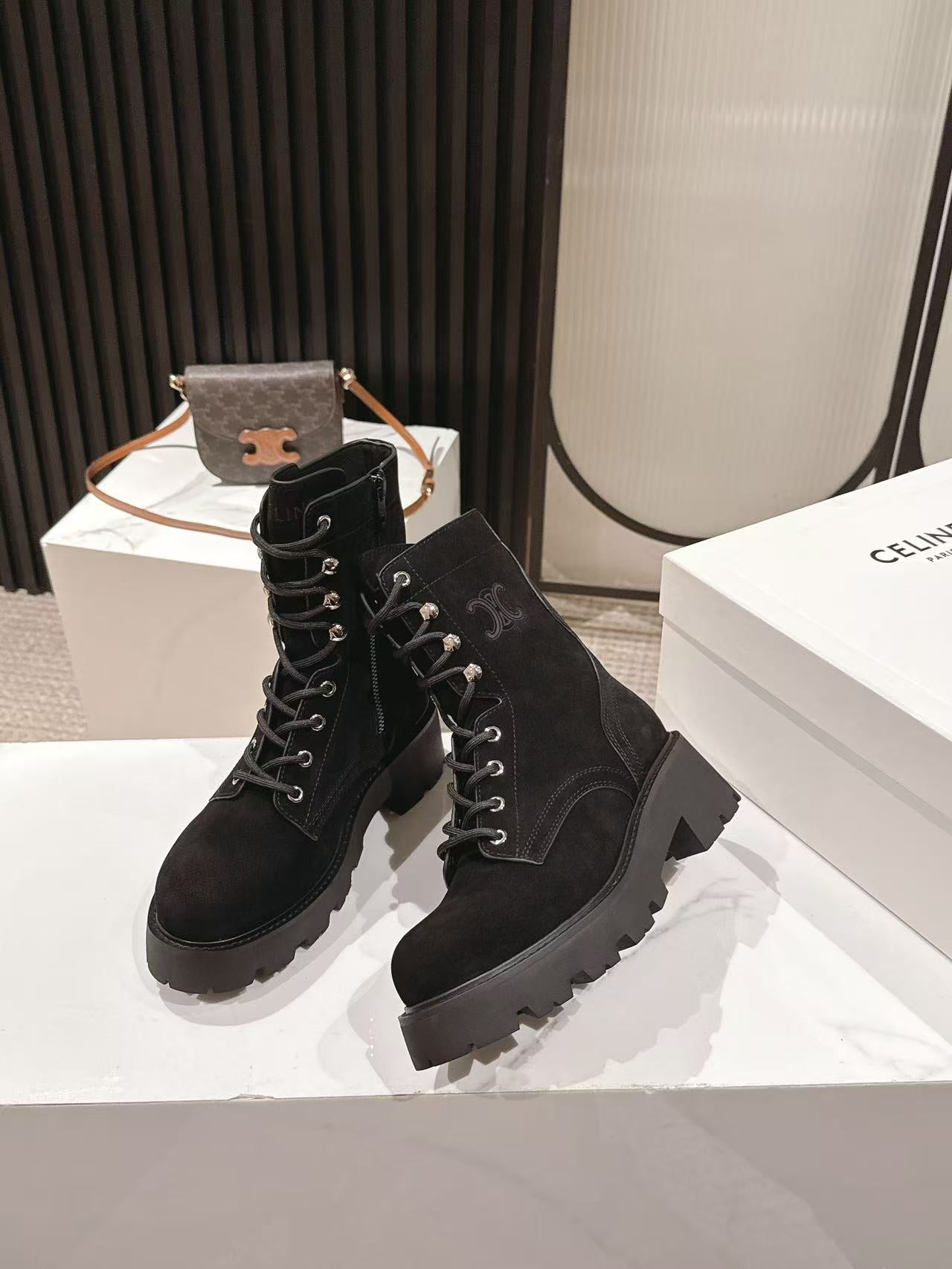 CELINE 25S HIGH HEELED LACE UP BOOTS 50MM IN BLACK SUEDE - 35