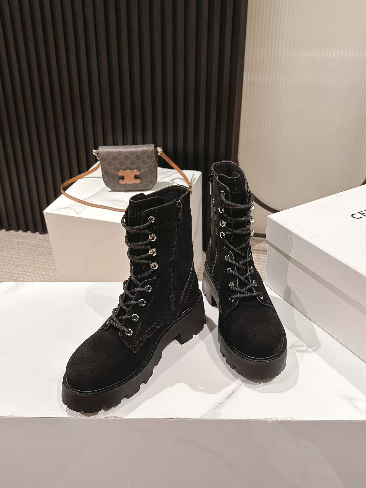 CELINE 25S HIGH HEELED LACE UP BOOTS 50MM IN BLACK SUEDE - 35