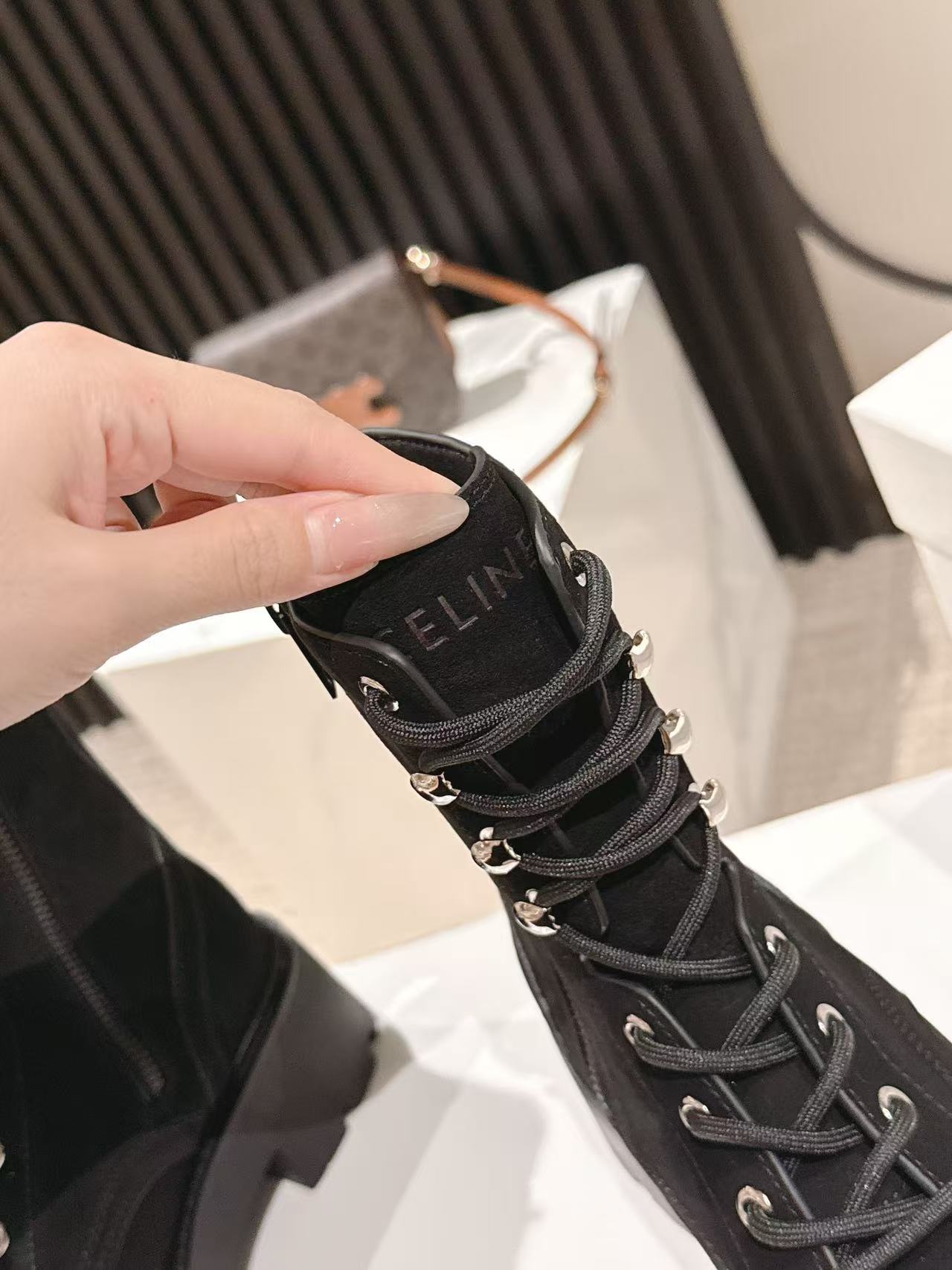 CELINE 25S HIGH HEELED LACE UP BOOTS 50MM IN BLACK SUEDE - 35