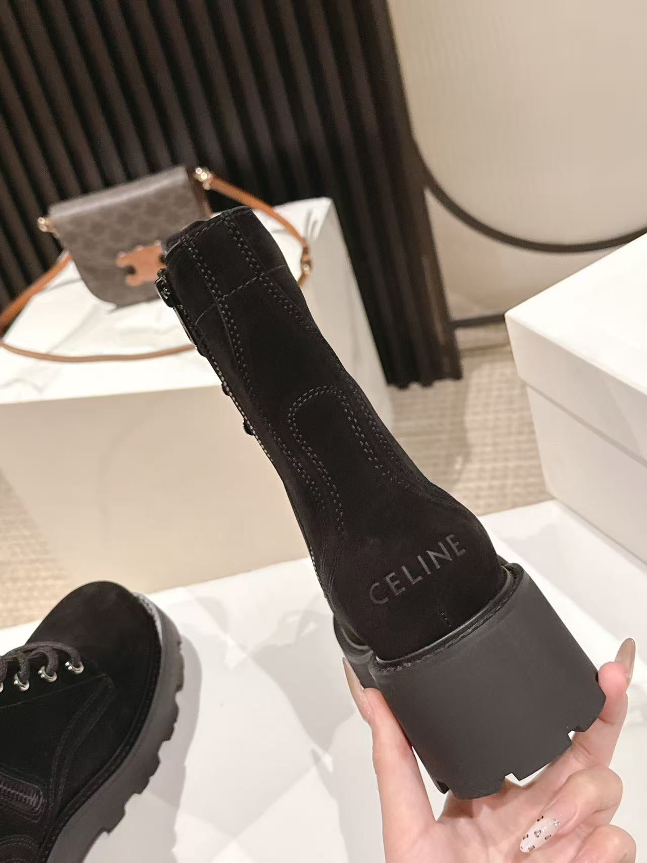 CELINE 25S HIGH HEELED LACE UP BOOTS 50MM IN BLACK SUEDE - 35
