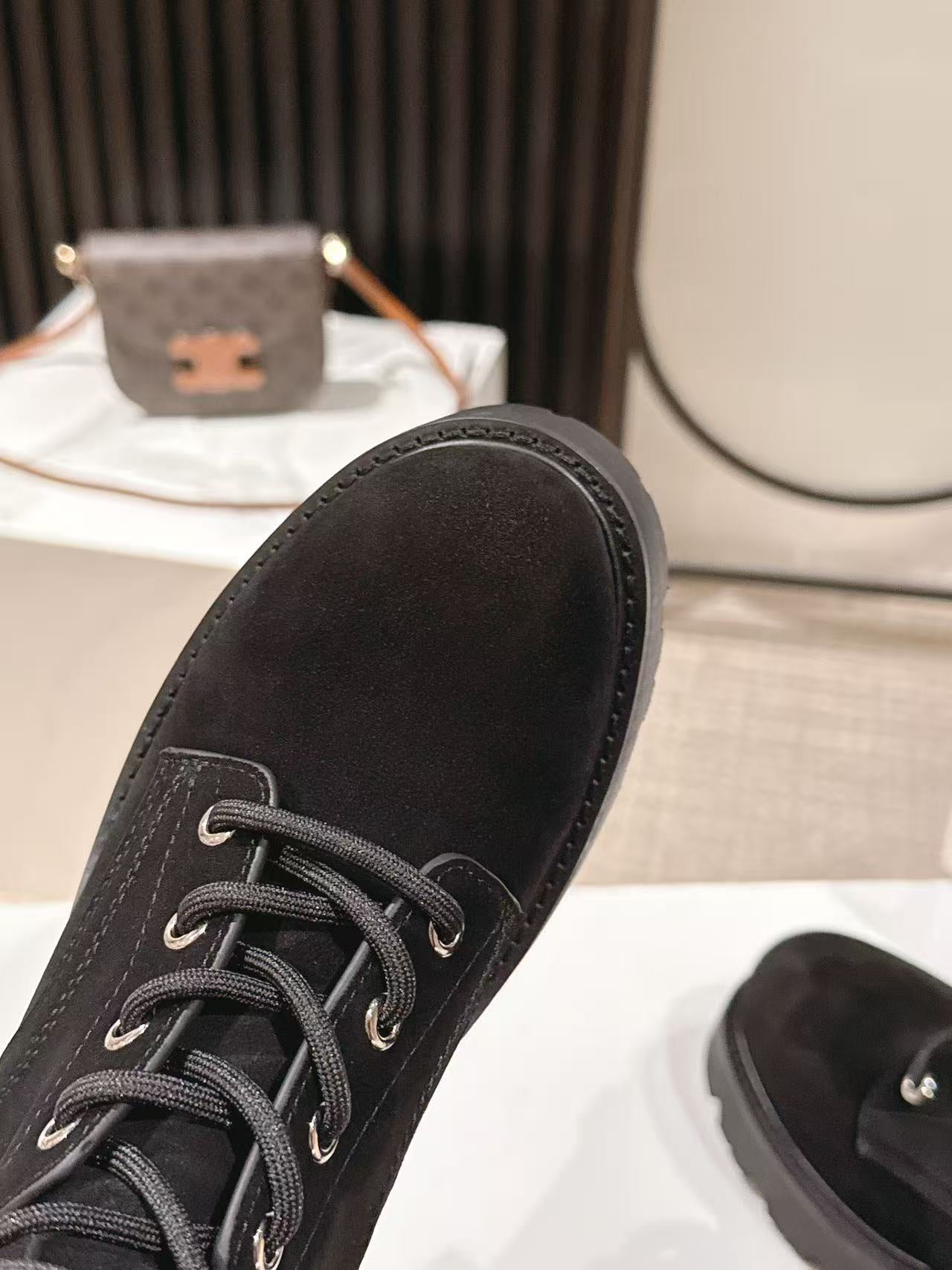 CELINE 25S HIGH HEELED LACE UP BOOTS 50MM IN BLACK SUEDE - 35