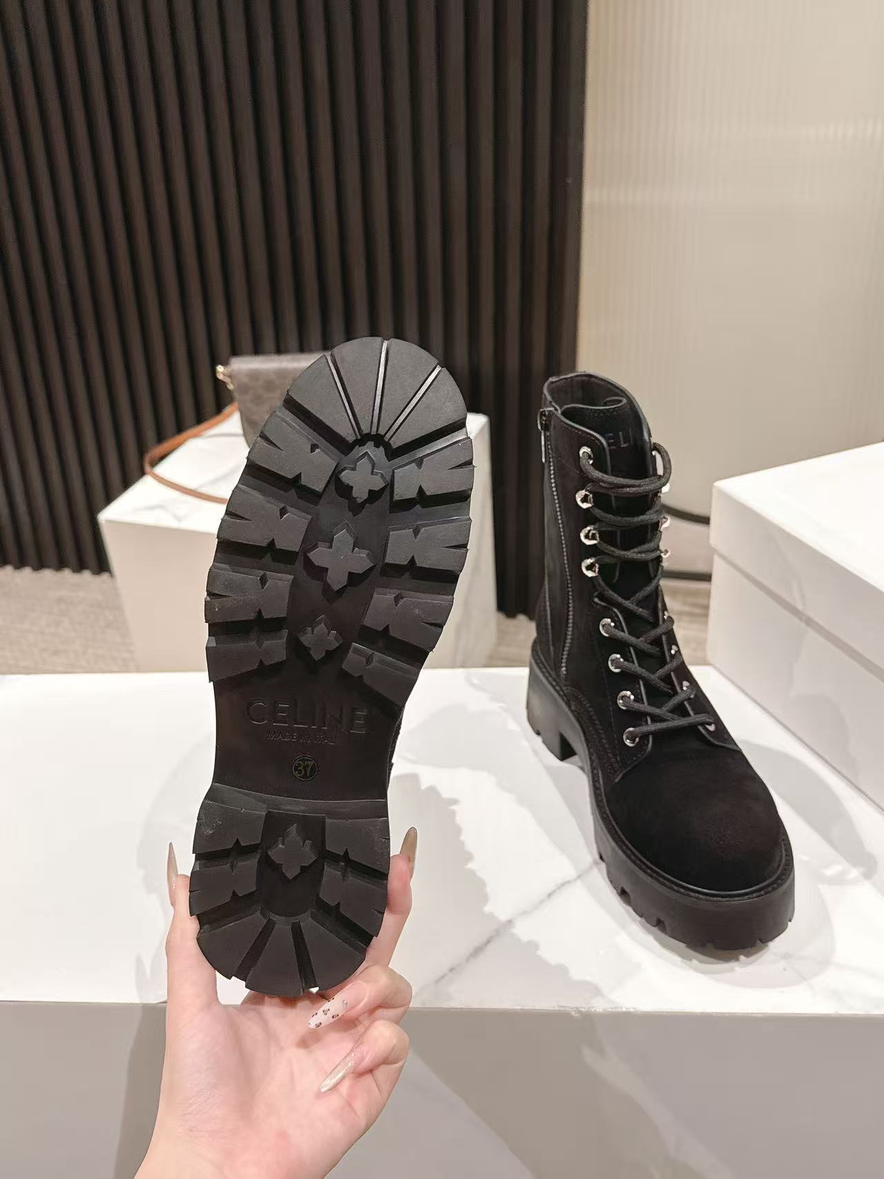 CELINE 25S HIGH HEELED LACE UP BOOTS 50MM IN BLACK SUEDE - 35