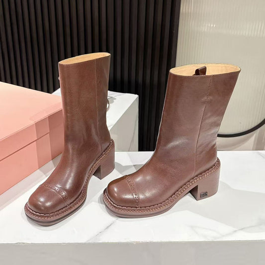 ЧОБОТИ MIUMIU 26S НА ВИСОКИХ ПІДБОРАХ-ПЛАТФОРМІ 50 ММ З КОРИЧНЕВОЇ ГЛЯНЦЕВОЇ ТЕЛЯЧОЇ ШКІРИ