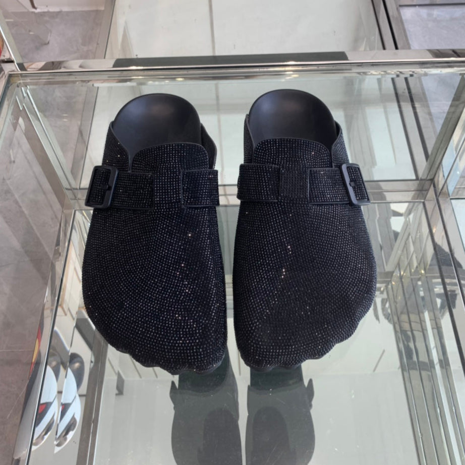 BIRKENSTOCK CLOG ATTACHED RHINESTONES IN BLACK CALFSKIN - 36