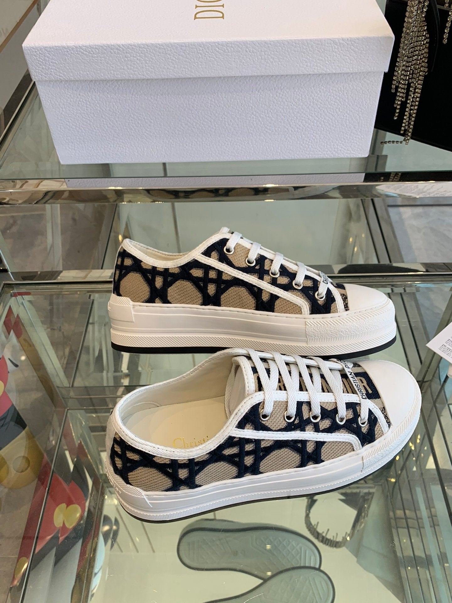 WALK'N PLATFORM SNEAKER IN CAMEL BEIGE MIX BLACK EMBROIDERED FABRIC - 35