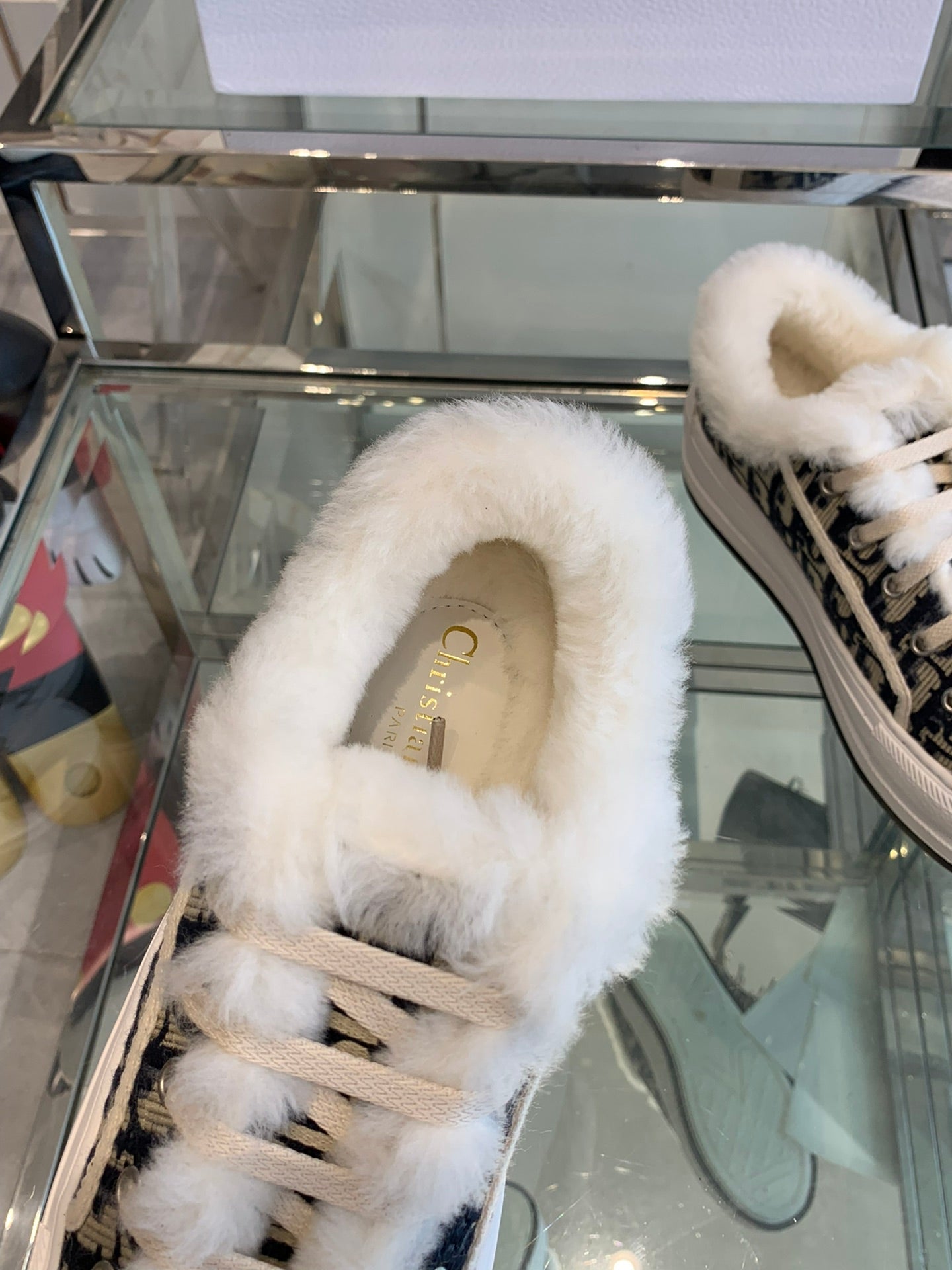 ALK'N PLATFORM SNEAKER CAMEL BROWN COTTON EMBROIDERED WITH OBLIQUE MOTIF AND WHITE SHEARLING - 35