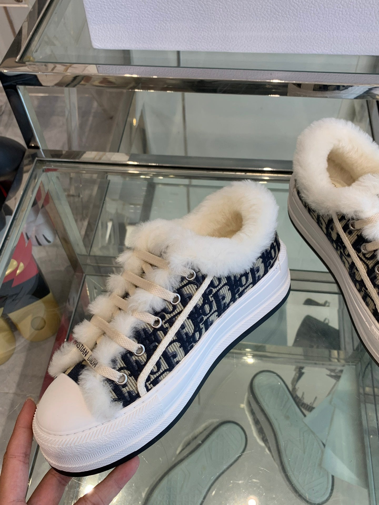 ALK'N PLATFORM SNEAKER CAMEL BROWN COTTON EMBROIDERED WITH OBLIQUE MOTIF AND WHITE SHEARLING - 35