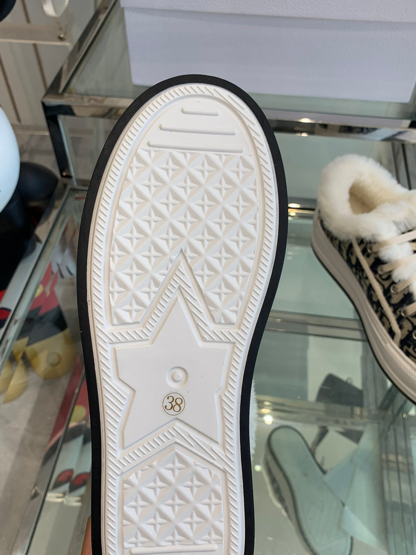 ALK'N PLATFORM SNEAKER CAMEL BROWN COTTON EMBROIDERED WITH OBLIQUE MOTIF AND WHITE SHEARLING - 35