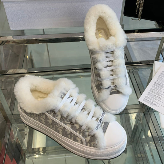 ALK'N PLATFORM SNEAKER PALE GRAY COTTON EMBROIDERED WITH OBLIQUE MOTIF AND WHITE SHEARLING - 35