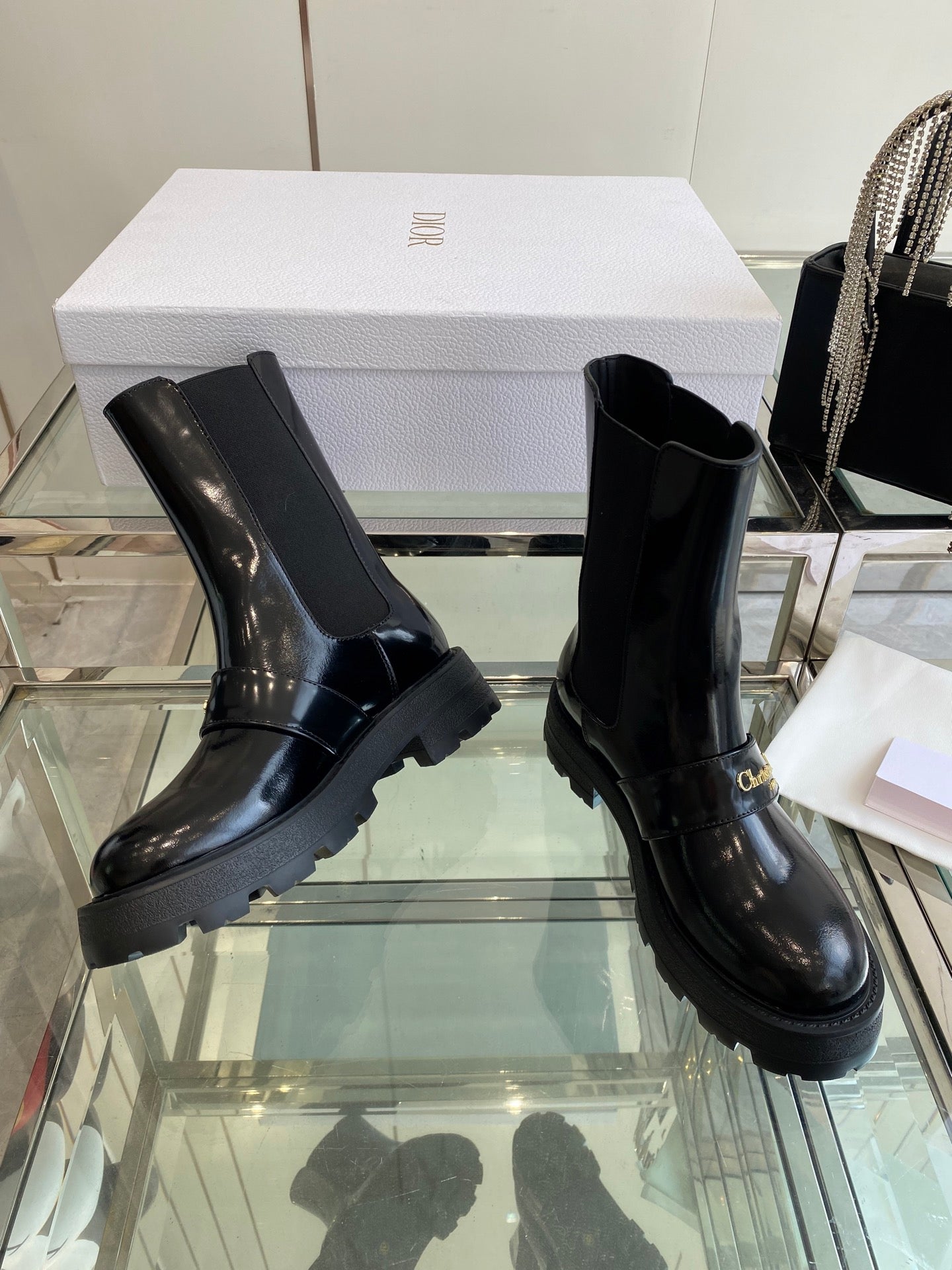 DIOR 25S D-QUEST ANKLE BOOT 35MM IN BLACK GLOSSY CALFSKIN GOLD HARDWARE - 35
