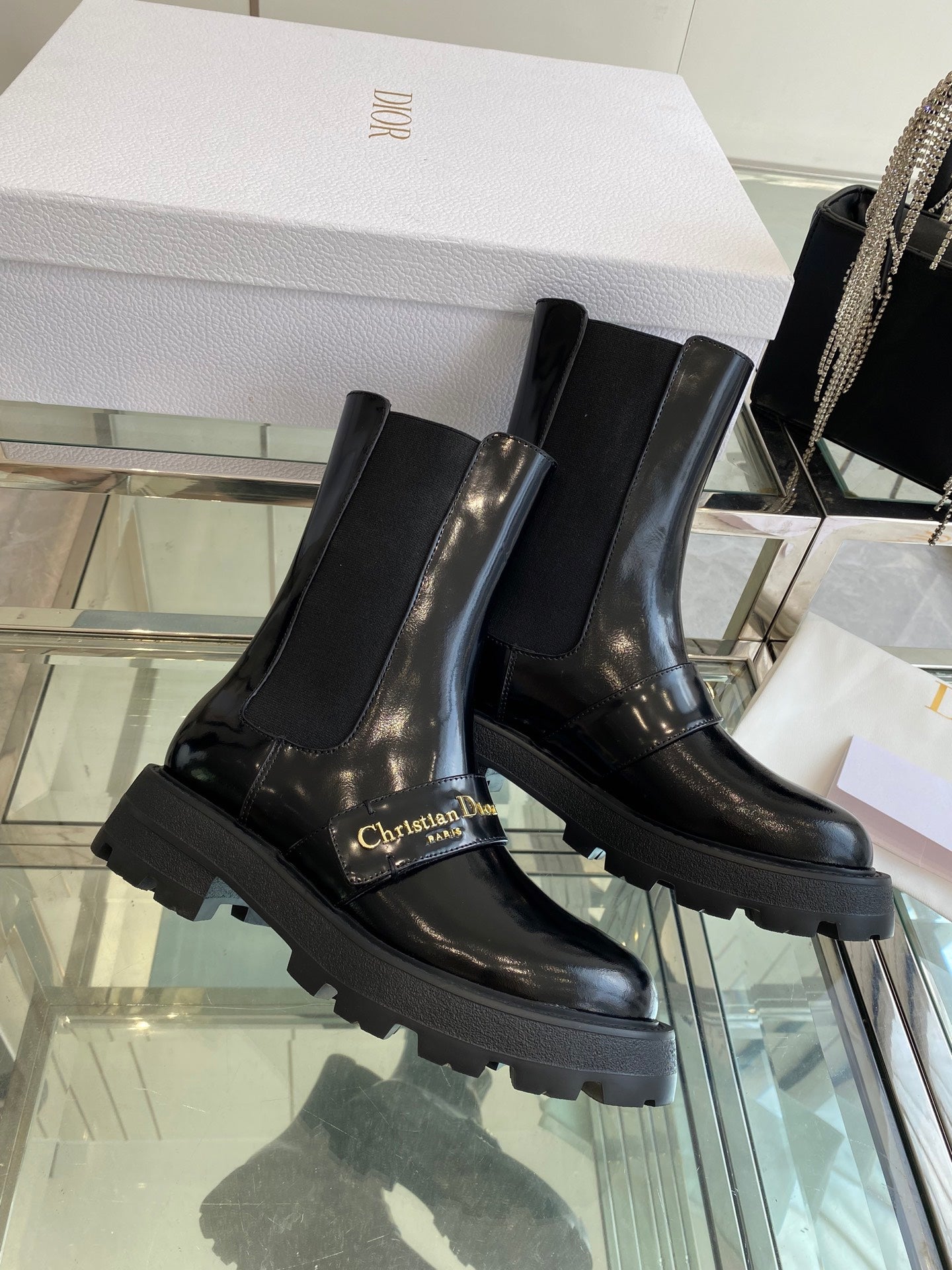 DIOR 25S D-QUEST ANKLE BOOT 35MM IN BLACK GLOSSY CALFSKIN GOLD HARDWARE - 35
