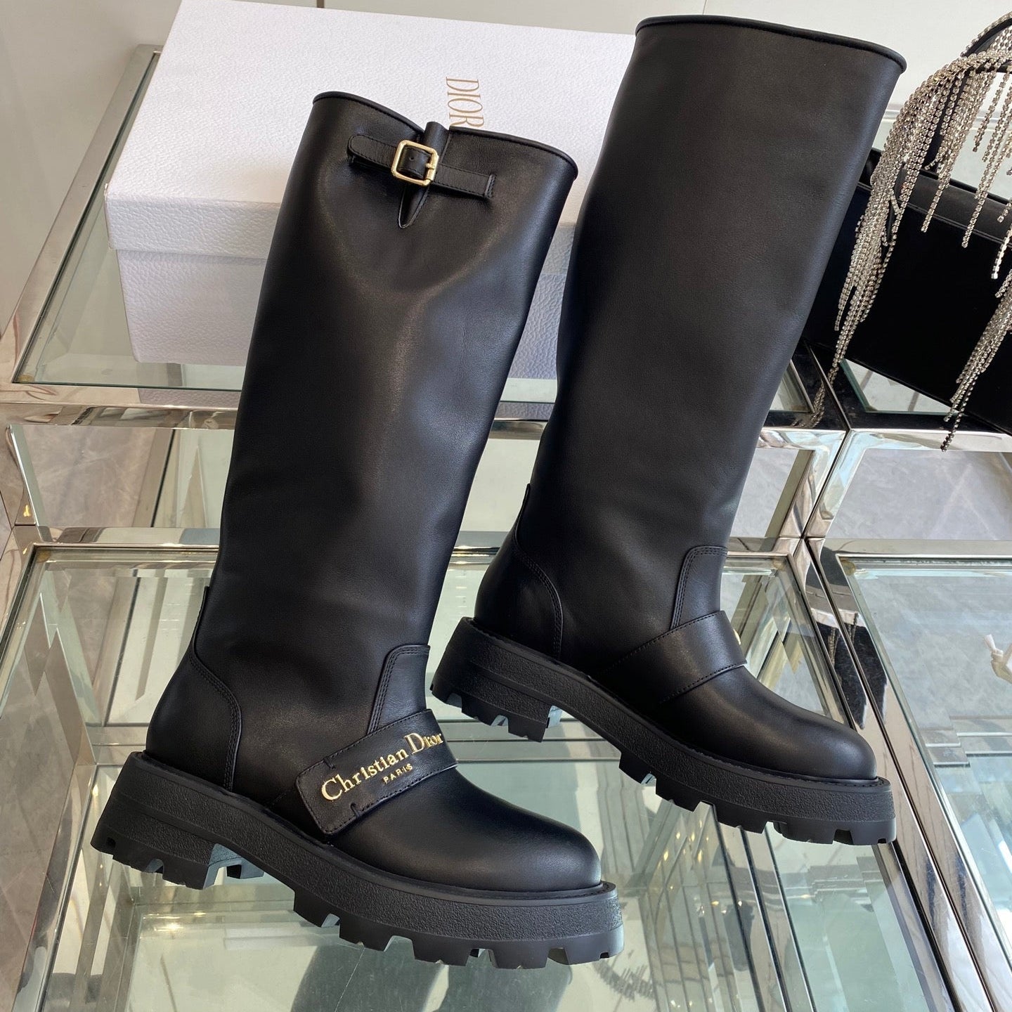 DIOR 25S BROGUE BOOTS 35MM IN BLACK CALFSKIN GOLD HARDWARE - 35