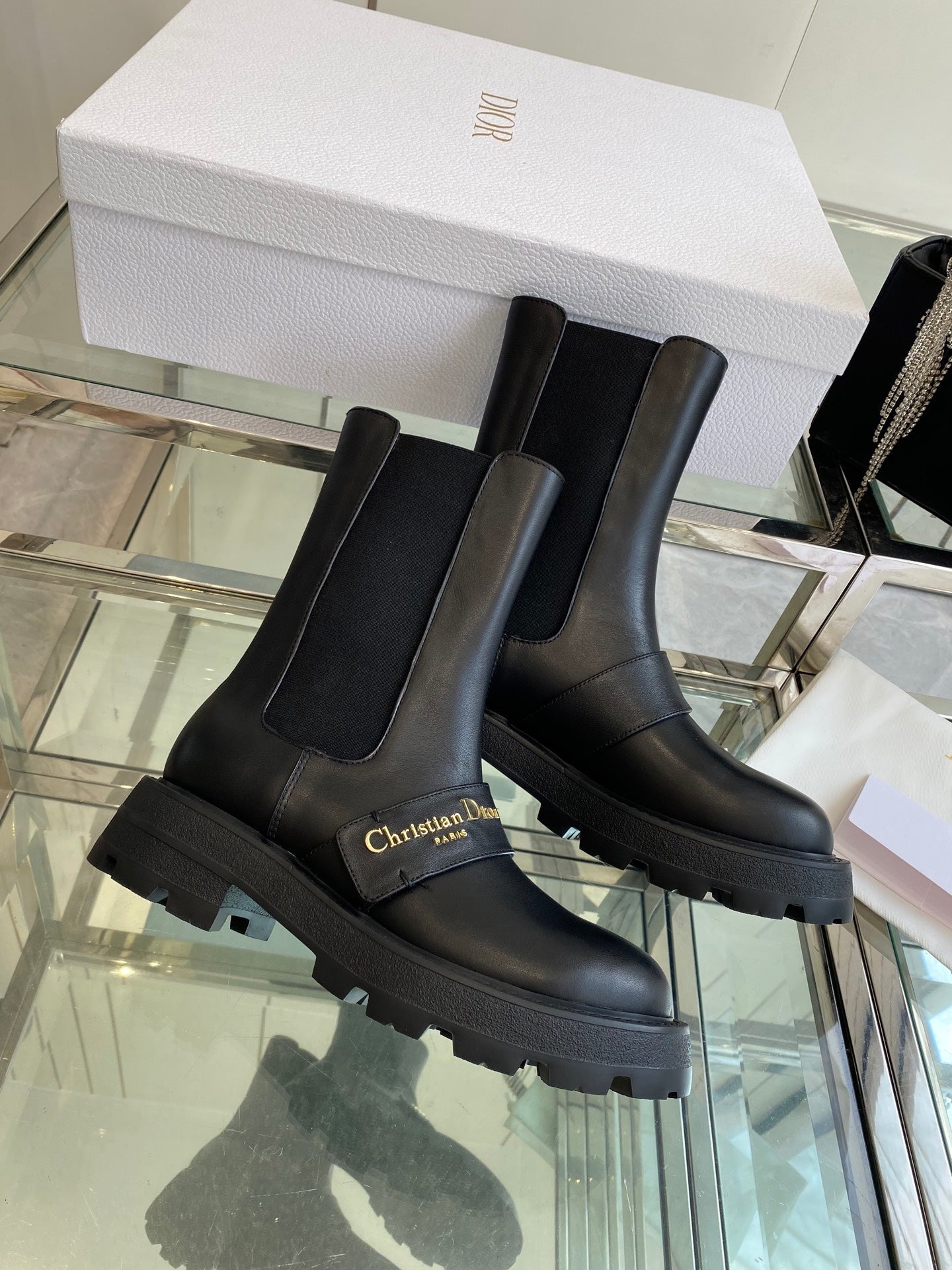 DIOR 25S D-QUEST ANKLE BOOT 35MM IN BLACK CALFSKIN GOLD HARDWARE - 35