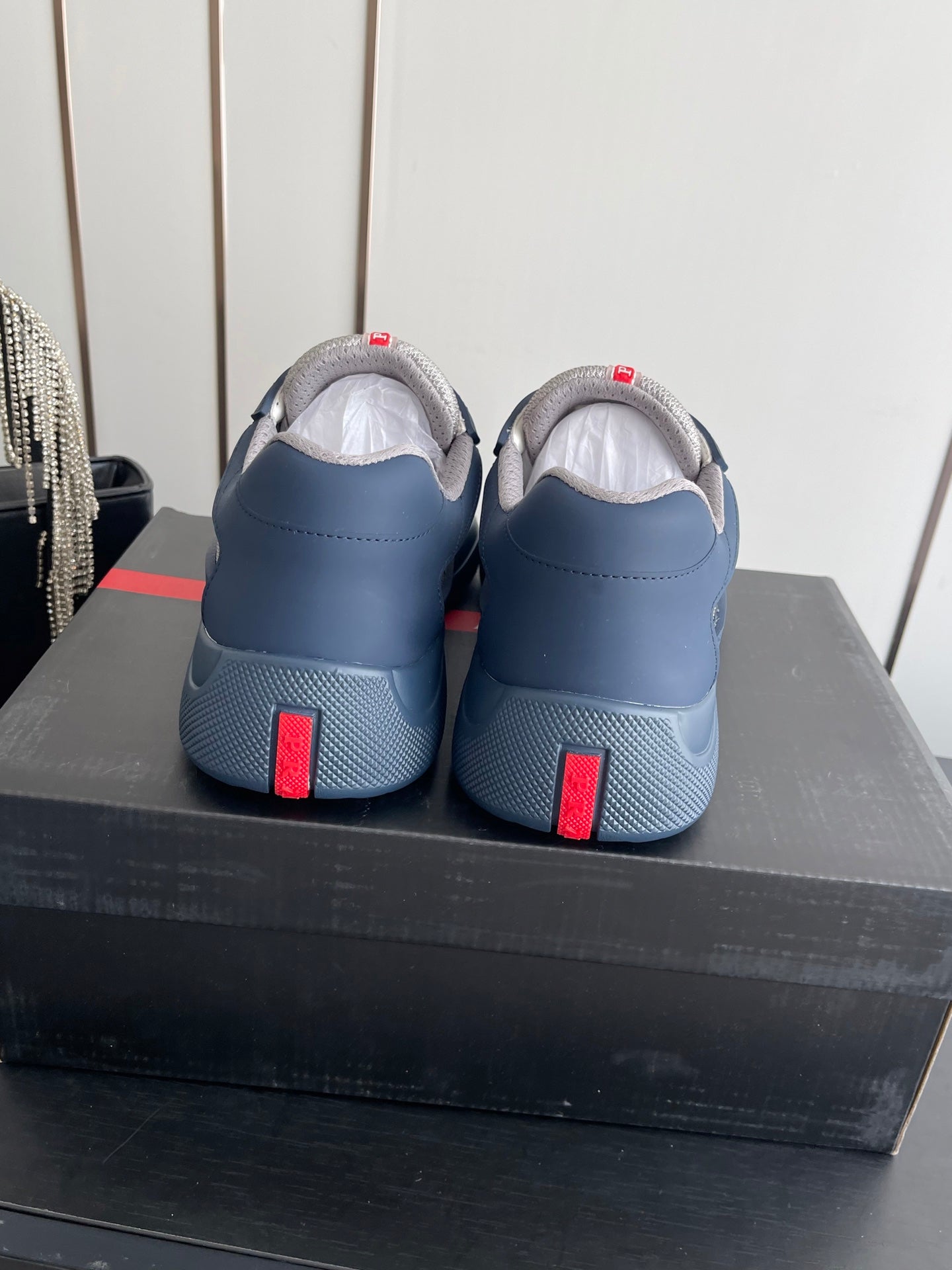 PRADA 26S AMERICA CUP SNEAKERS IN SLATE BLUE SOFT RUBBER AND BIKE FABRIC