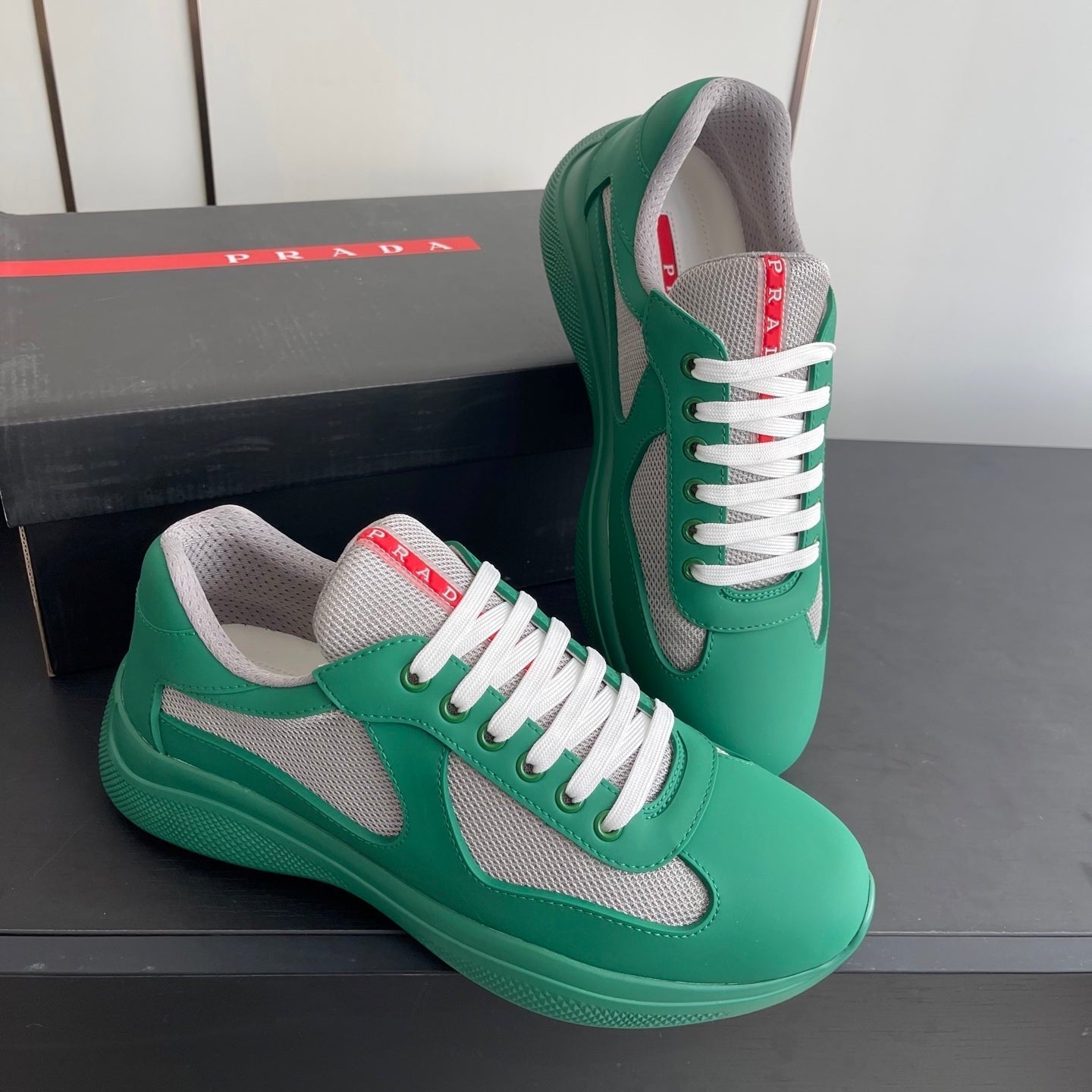 PRADA 26S AMERICA CUP SNEAKERS IN TEAL GREEN SOFT RUBBER AND BIKE FABRIC