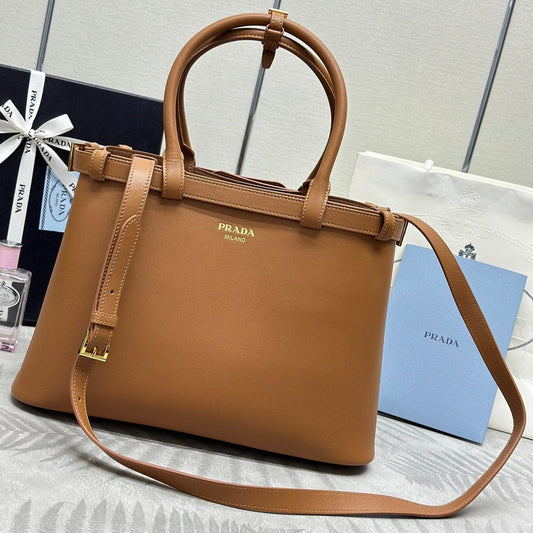 PRADA 25S BUCKLE MEDIUM HANDBAG 35 IN DARK CARAMEL CALFSKIN GOLD HARDWRE