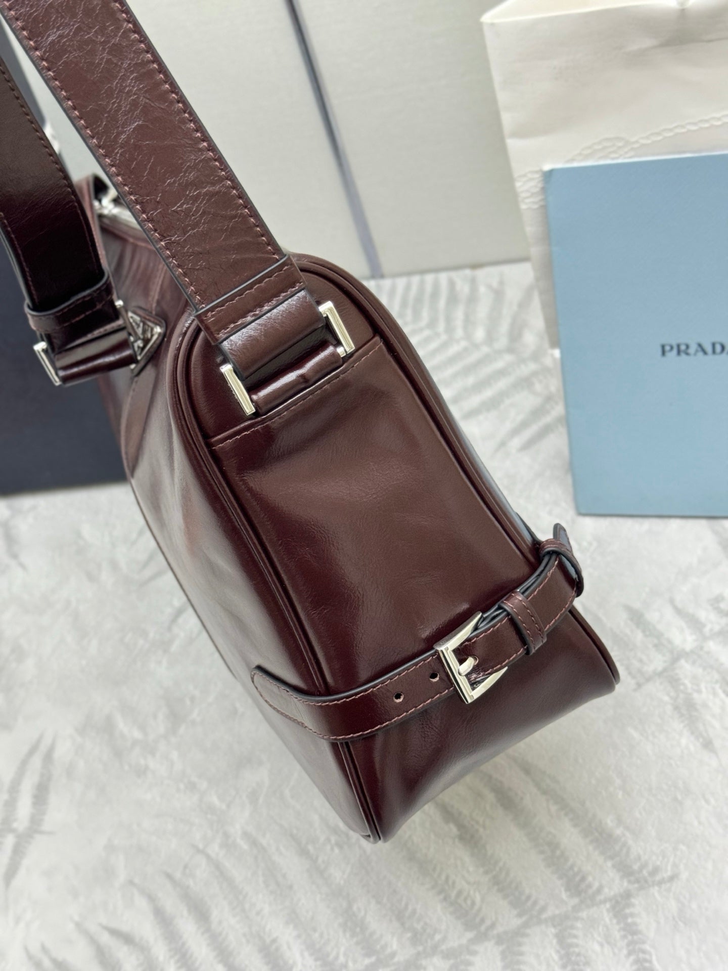 PRADA 25S SHOULDER BAG 35 IN DARK BROWN CALFSKIN SILVER HARDWARE