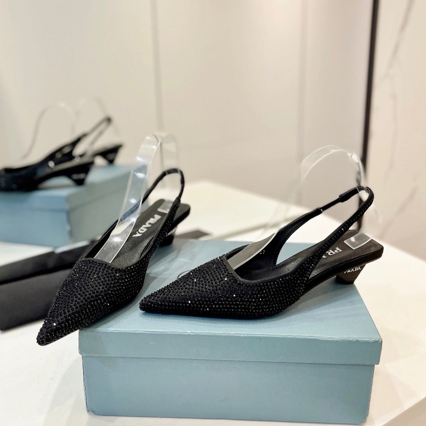 PRA SLINGBACK PUMPS BLACK SATIN WITH BLACK CRYSTALS - 34
