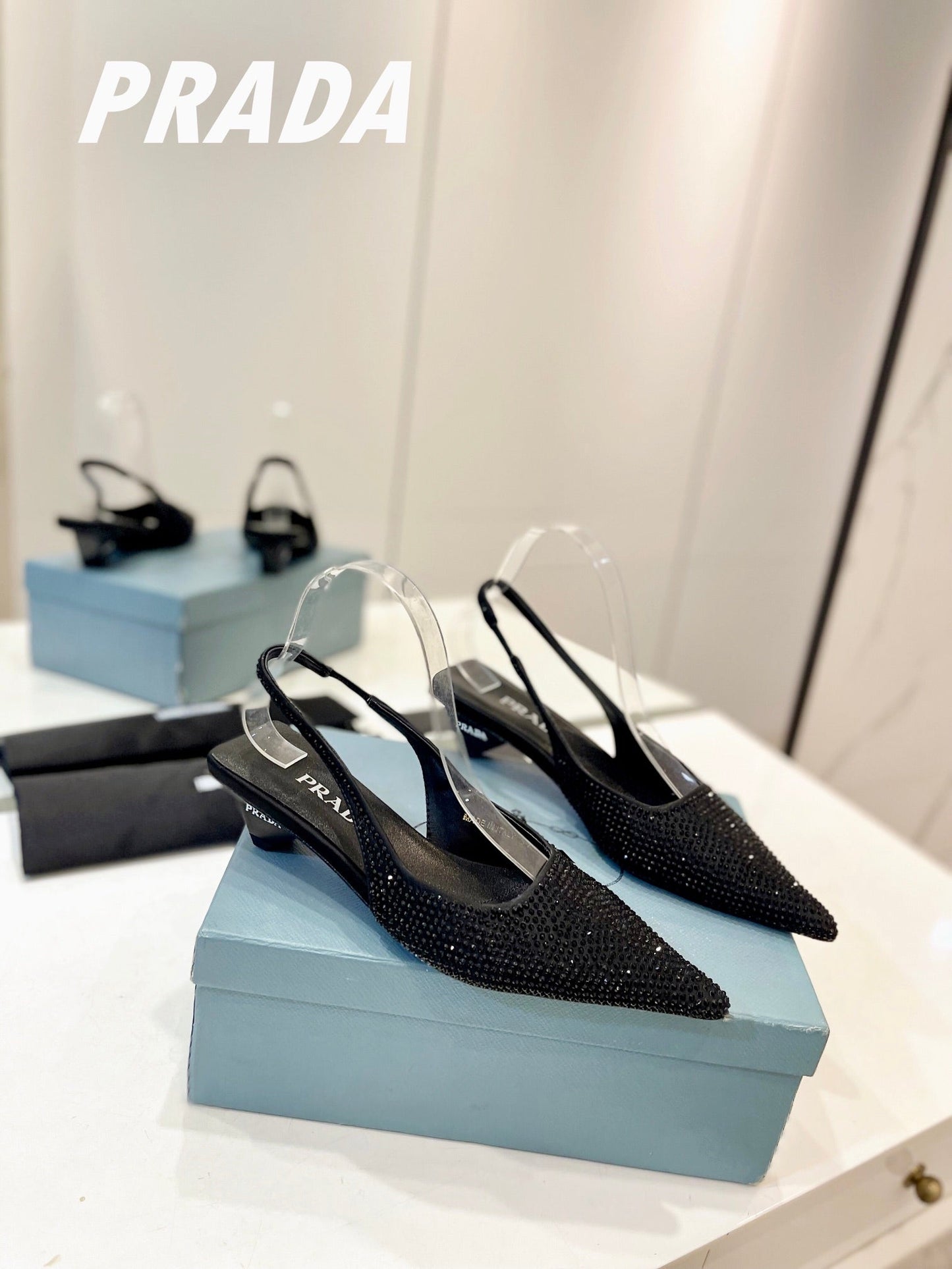 PRA SLINGBACK PUMPS BLACK SATIN WITH BLACK CRYSTALS - 34