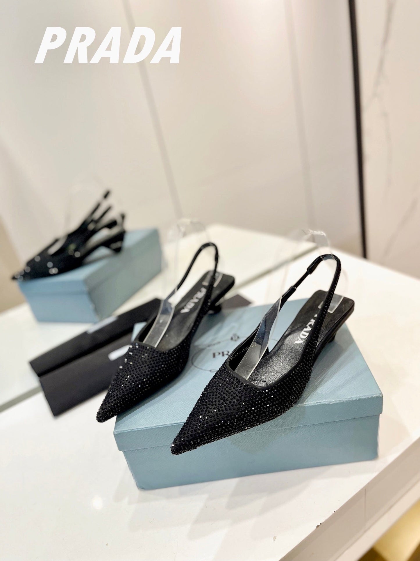 PRA SLINGBACK PUMPS BLACK SATIN WITH BLACK CRYSTALS - 34