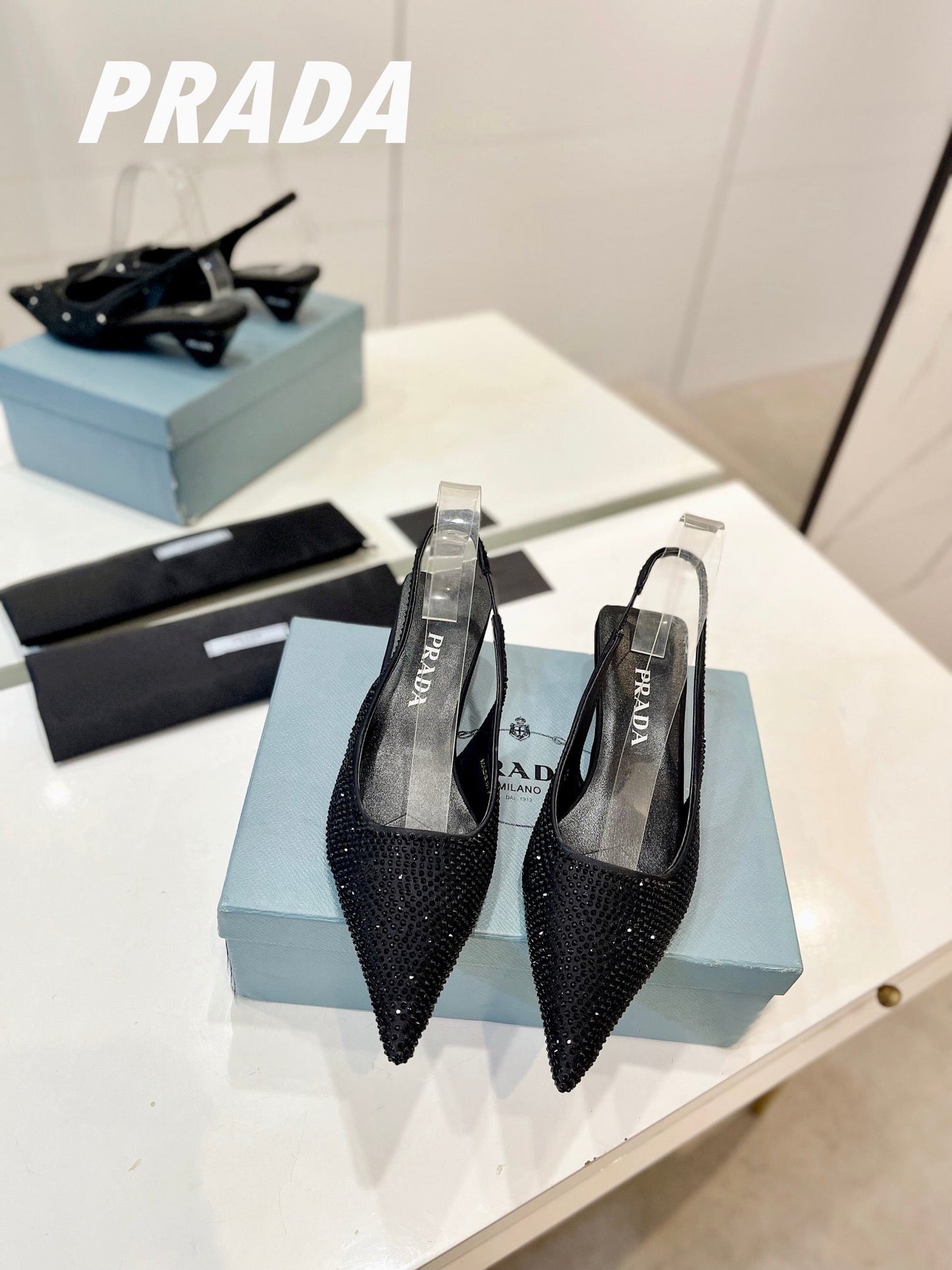 PRA SLINGBACK PUMPS BLACK SATIN WITH BLACK CRYSTALS - 34