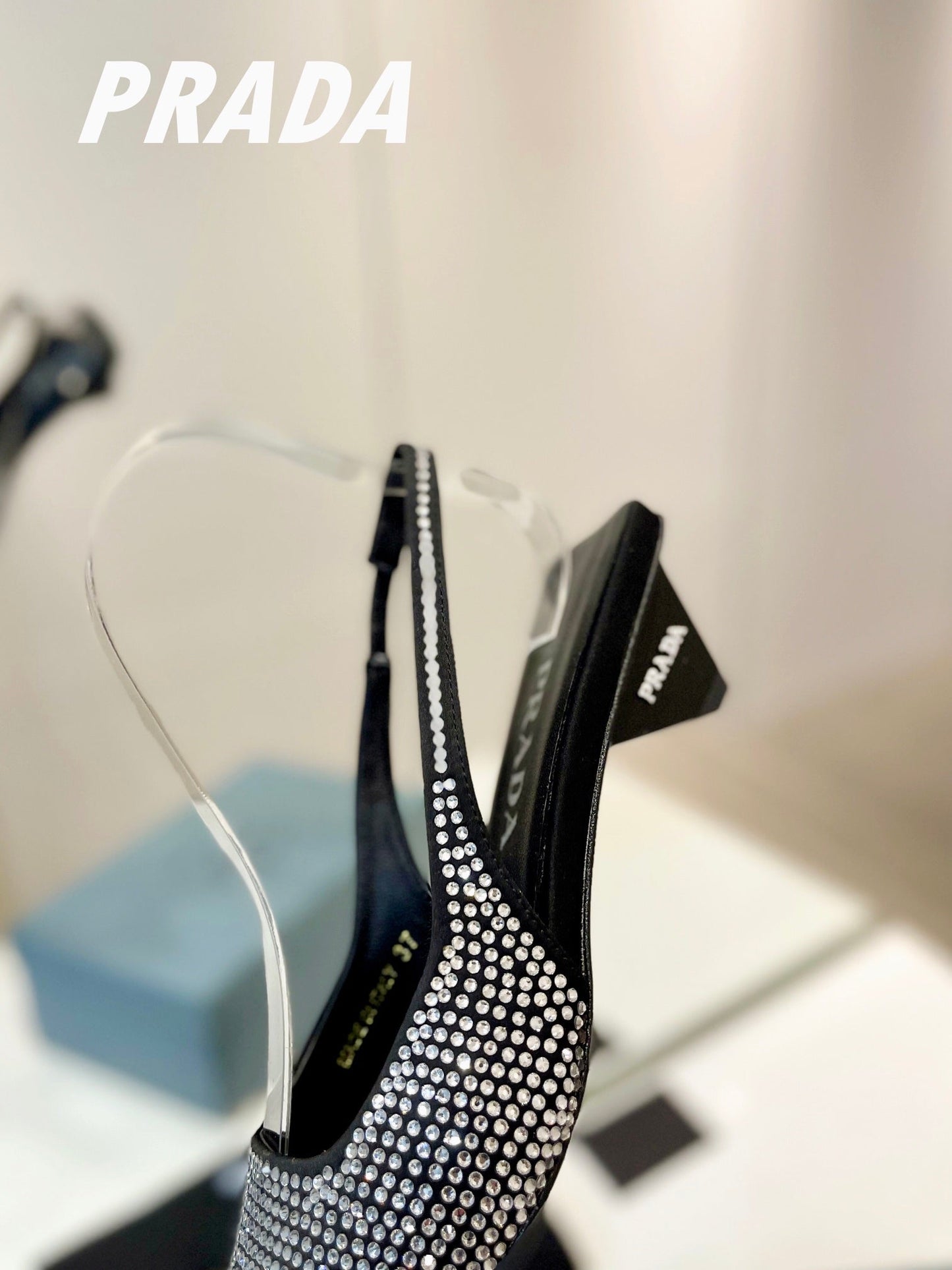 PRA SLINGBACK PUMPS BLACK SATIN WITH WHITE CRYSTALS - 34