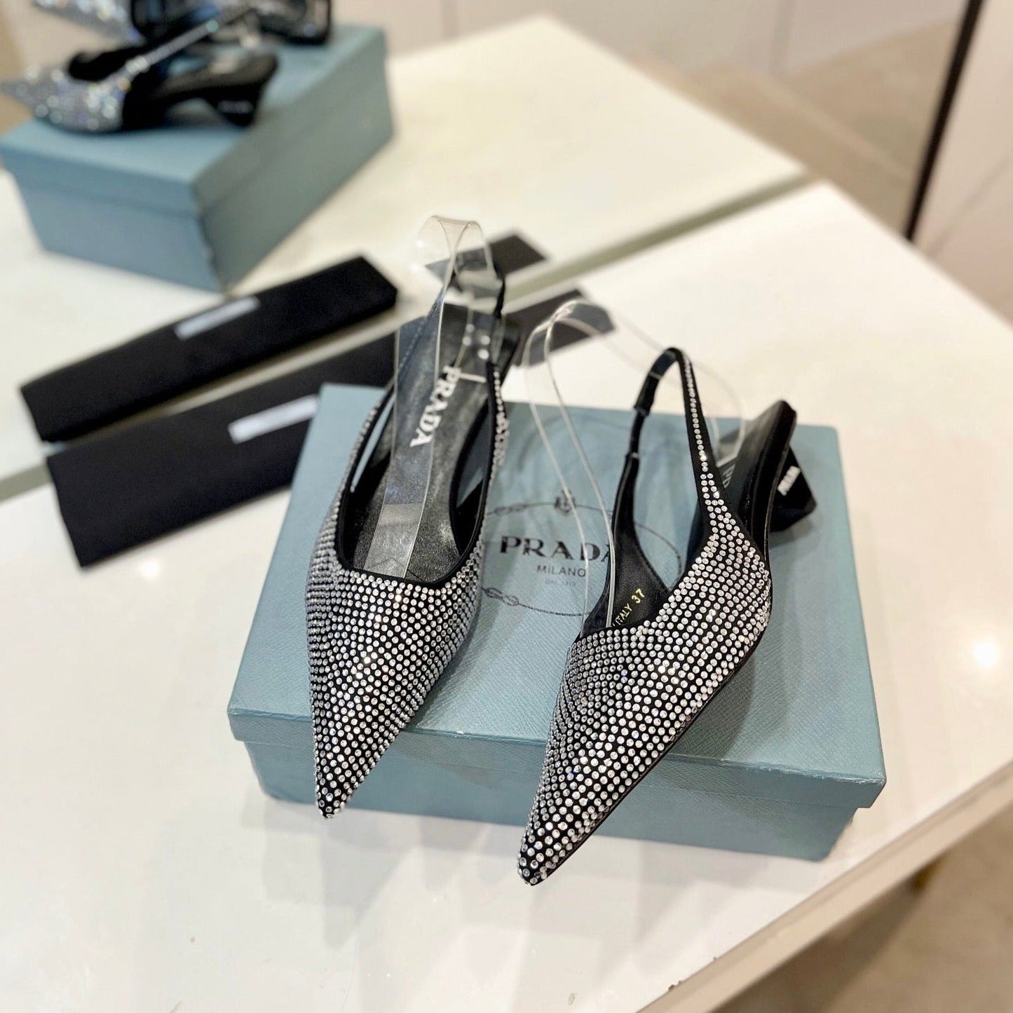 PRA SLINGBACK PUMPS BLACK SATIN WITH WHITE CRYSTALS - 34