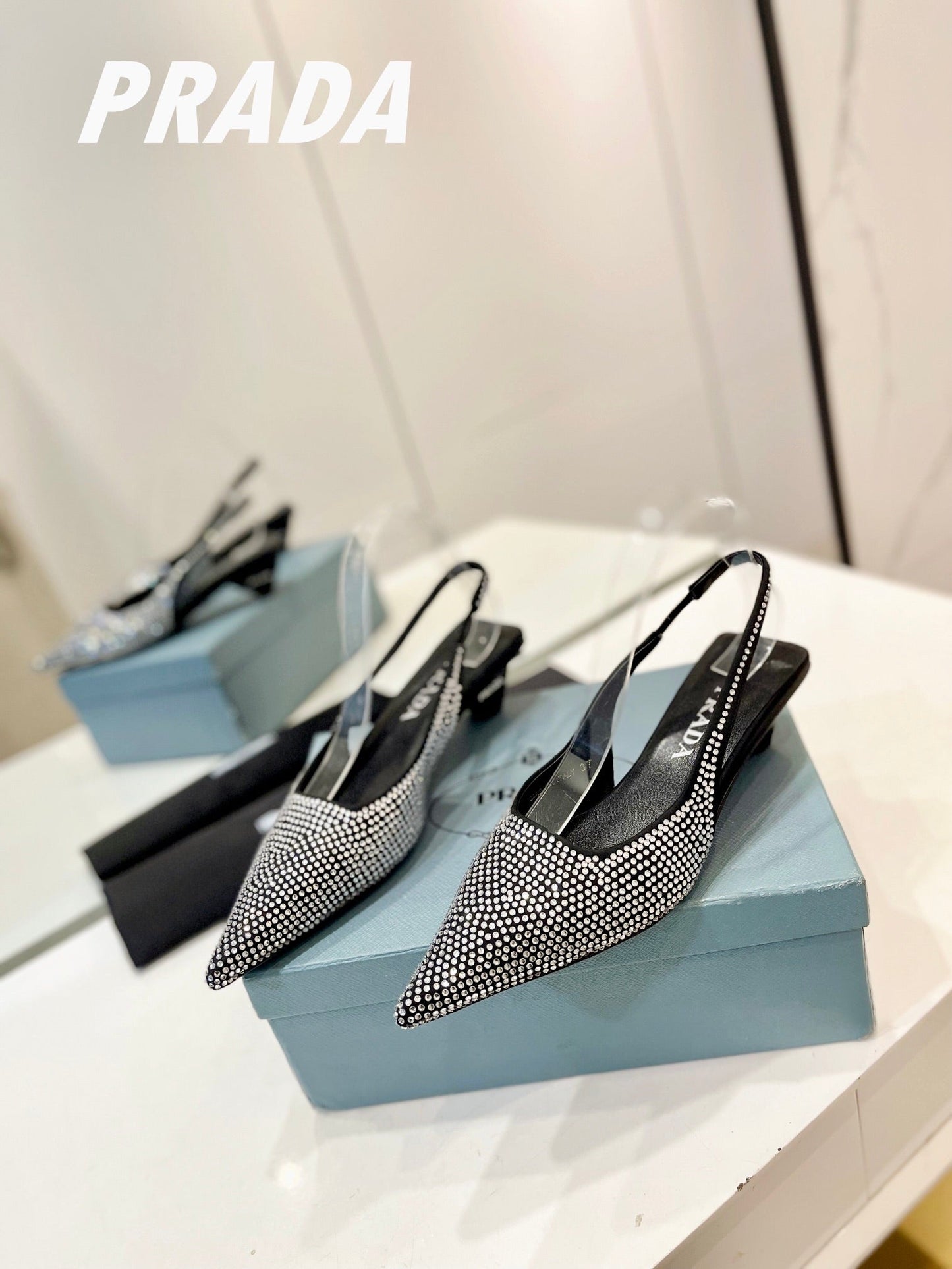 PRA SLINGBACK PUMPS BLACK SATIN WITH WHITE CRYSTALS - 34