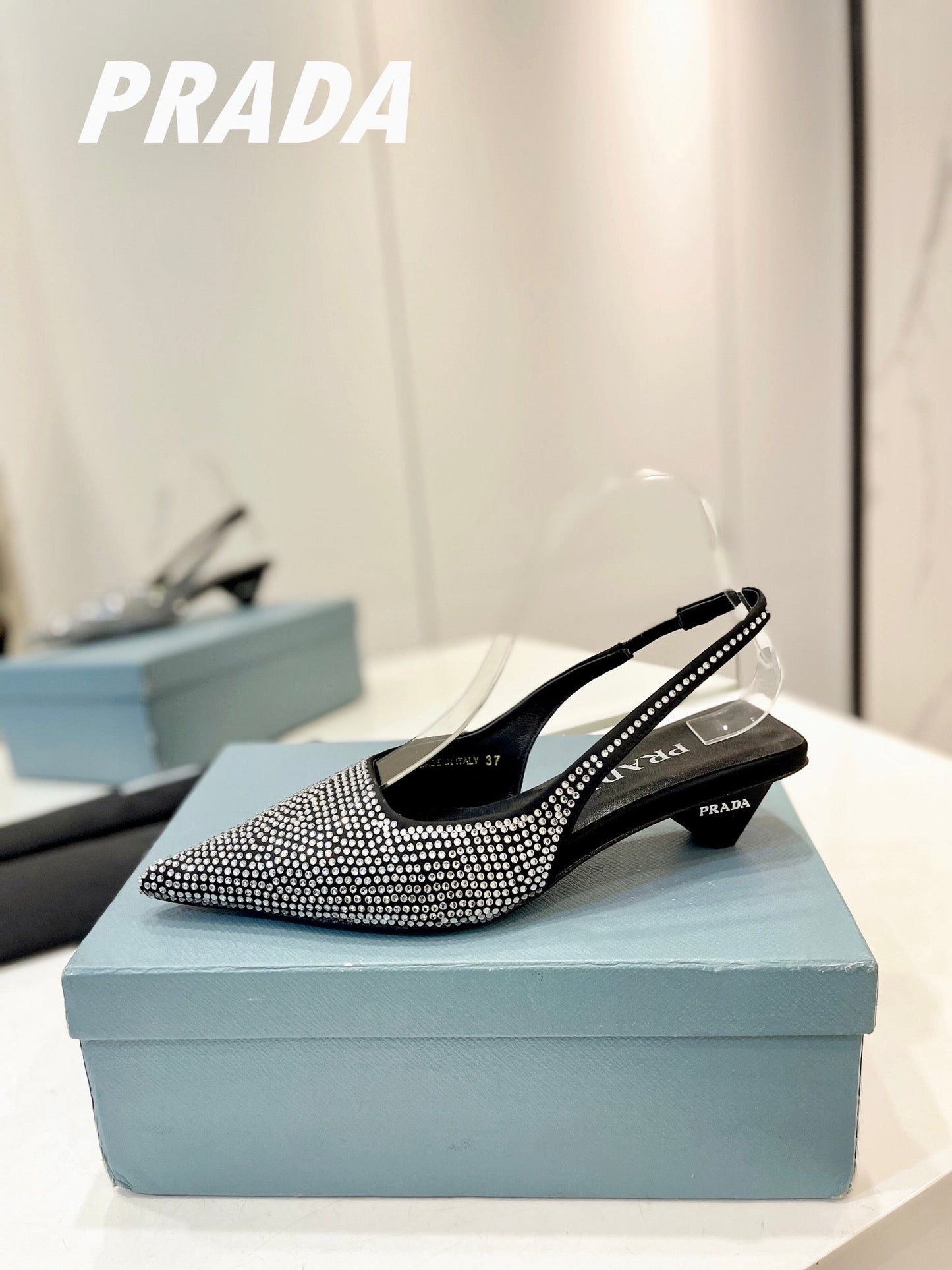 PRA SLINGBACK PUMPS BLACK SATIN WITH WHITE CRYSTALS - 34