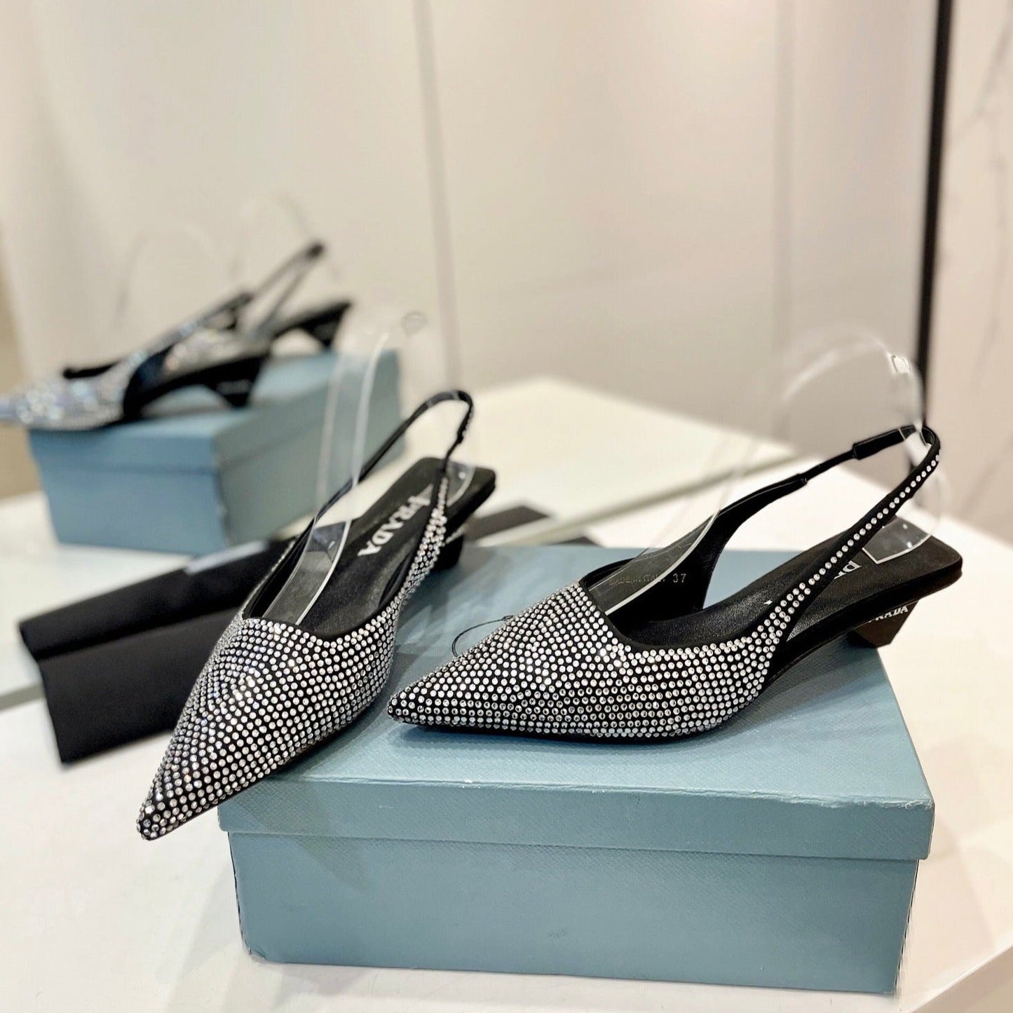 PRA SLINGBACK PUMPS BLACK SATIN WITH WHITE CRYSTALS - 34