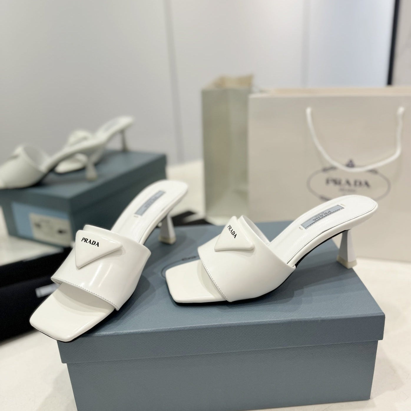 PRA BRUSHED LEATHER HEELED SLIDES WHITE - 34