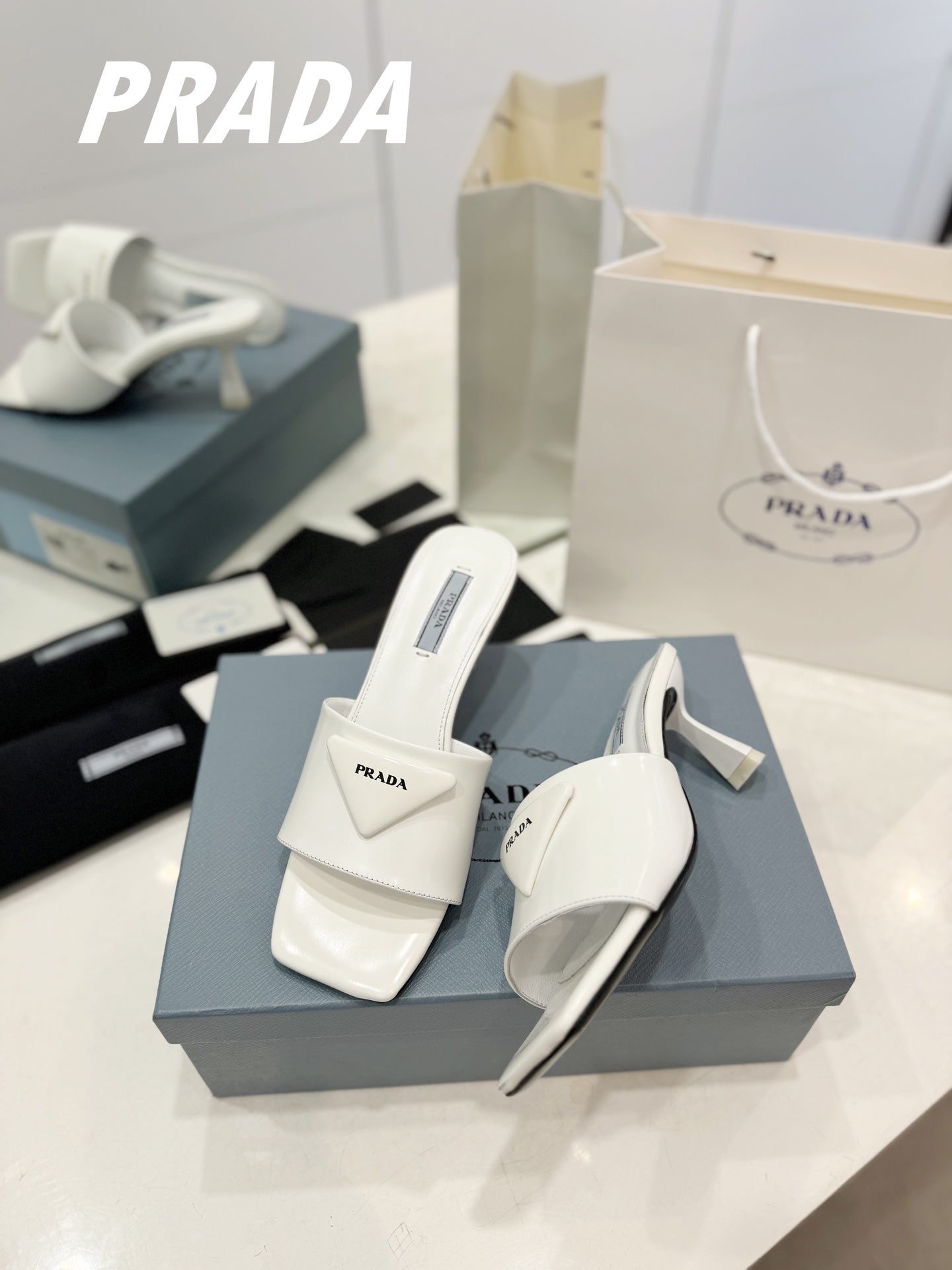 PRA BRUSHED LEATHER HEELED SLIDES WHITE - 34