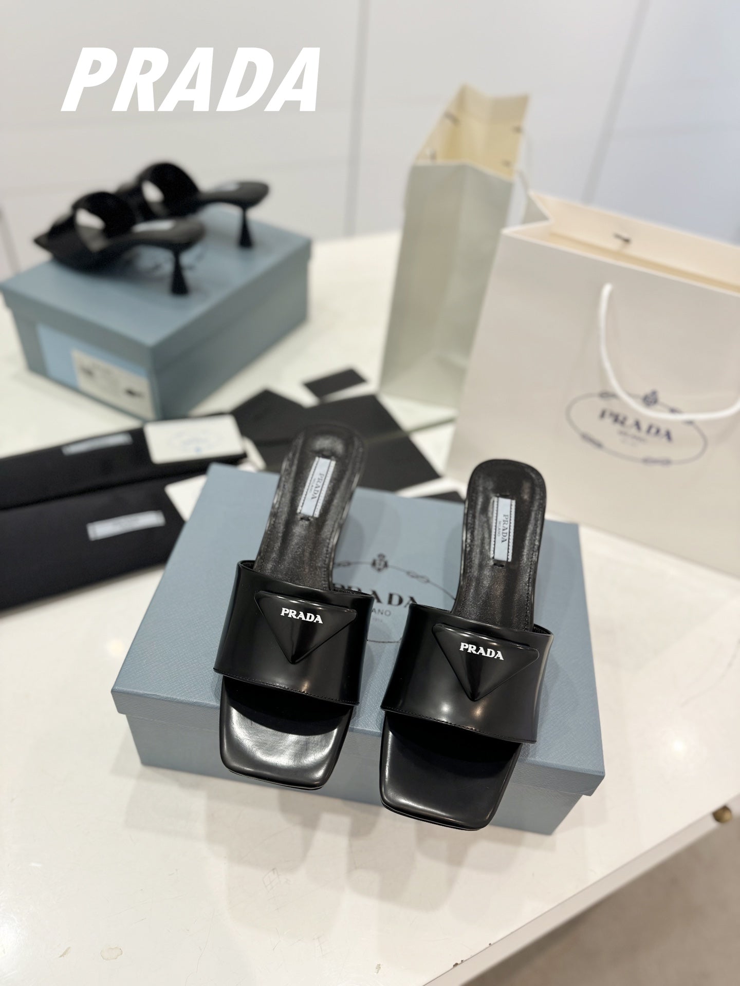 PRA BRUSHED LEATHER HEELED SLIDES BLACK - 34