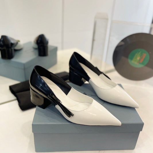 PRA MID - HEELS WHITE AND BLACK LAMBSKIN WITH BOW - 34