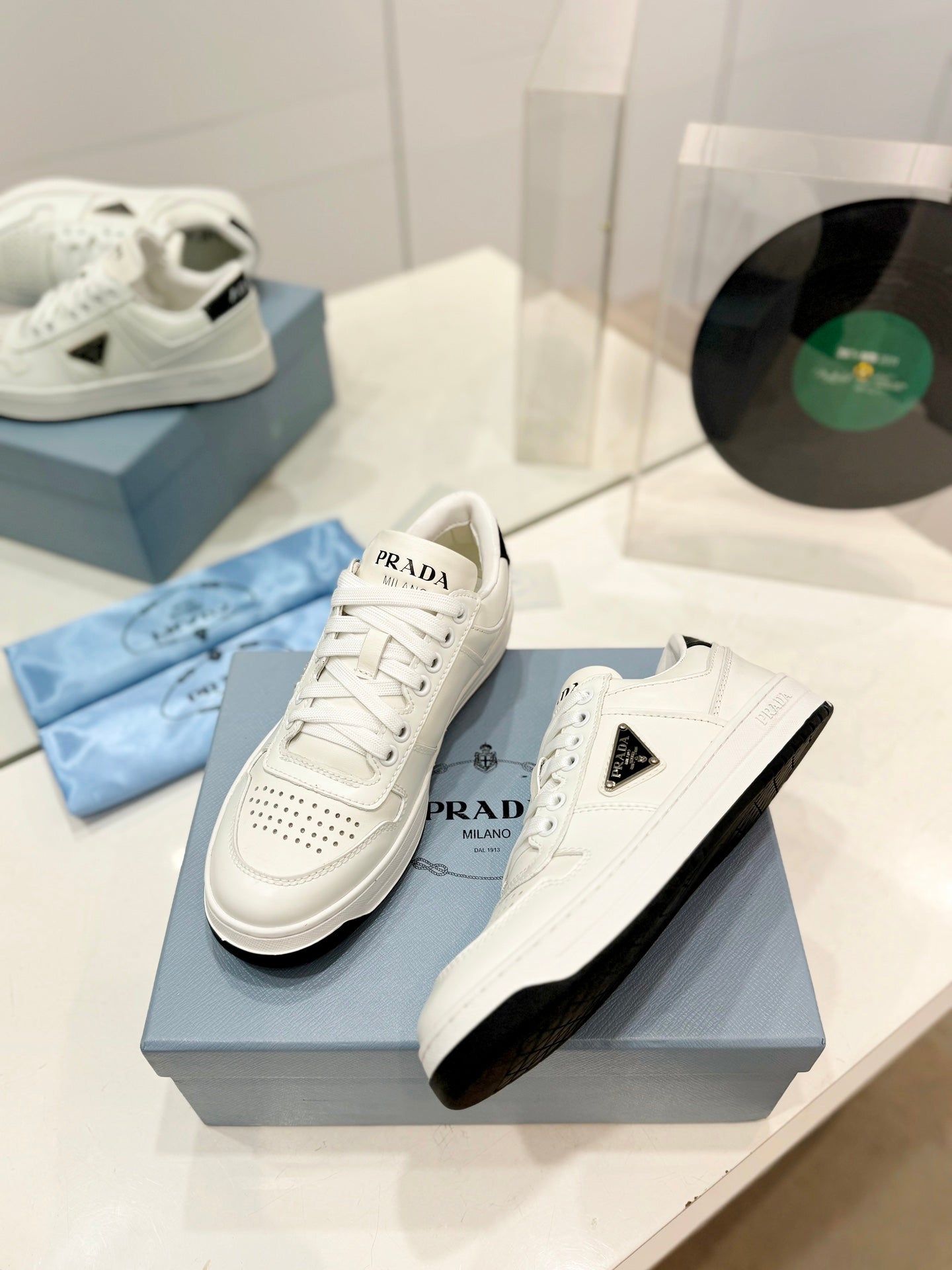 PRA DOWNTOWN PERFORATED SNEAKERS WHITE AND BLACK LOGO CALFSKIN - 35