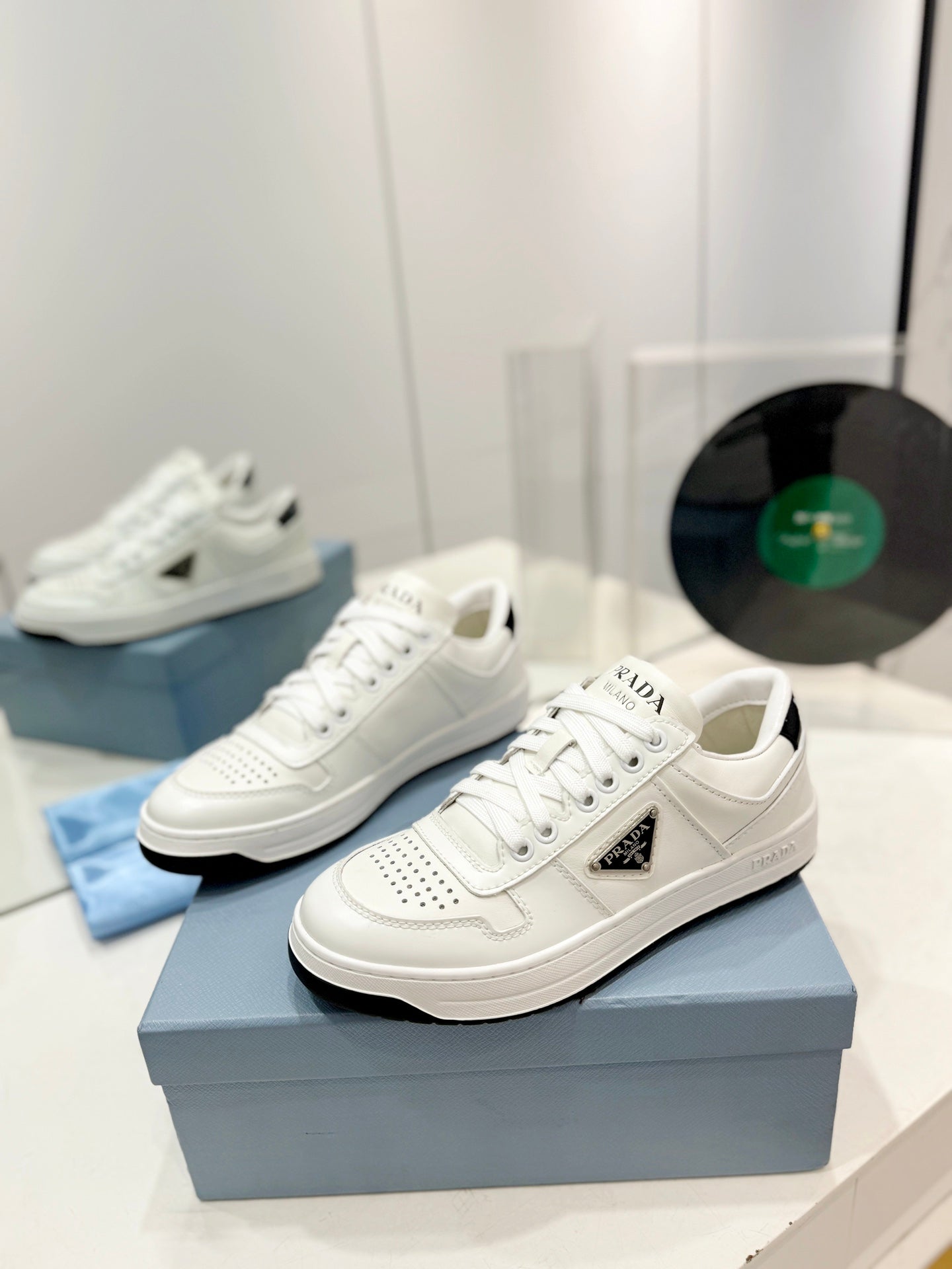 PRA DOWNTOWN PERFORATED SNEAKERS WHITE AND BLACK LOGO CALFSKIN - 35