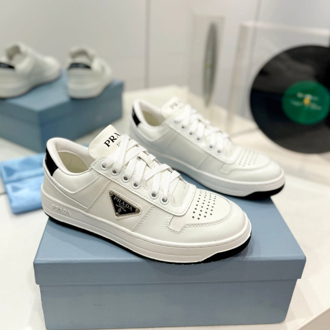 PRA DOWNTOWN PERFORATED SNEAKERS WHITE AND BLACK LOGO CALFSKIN - 35
