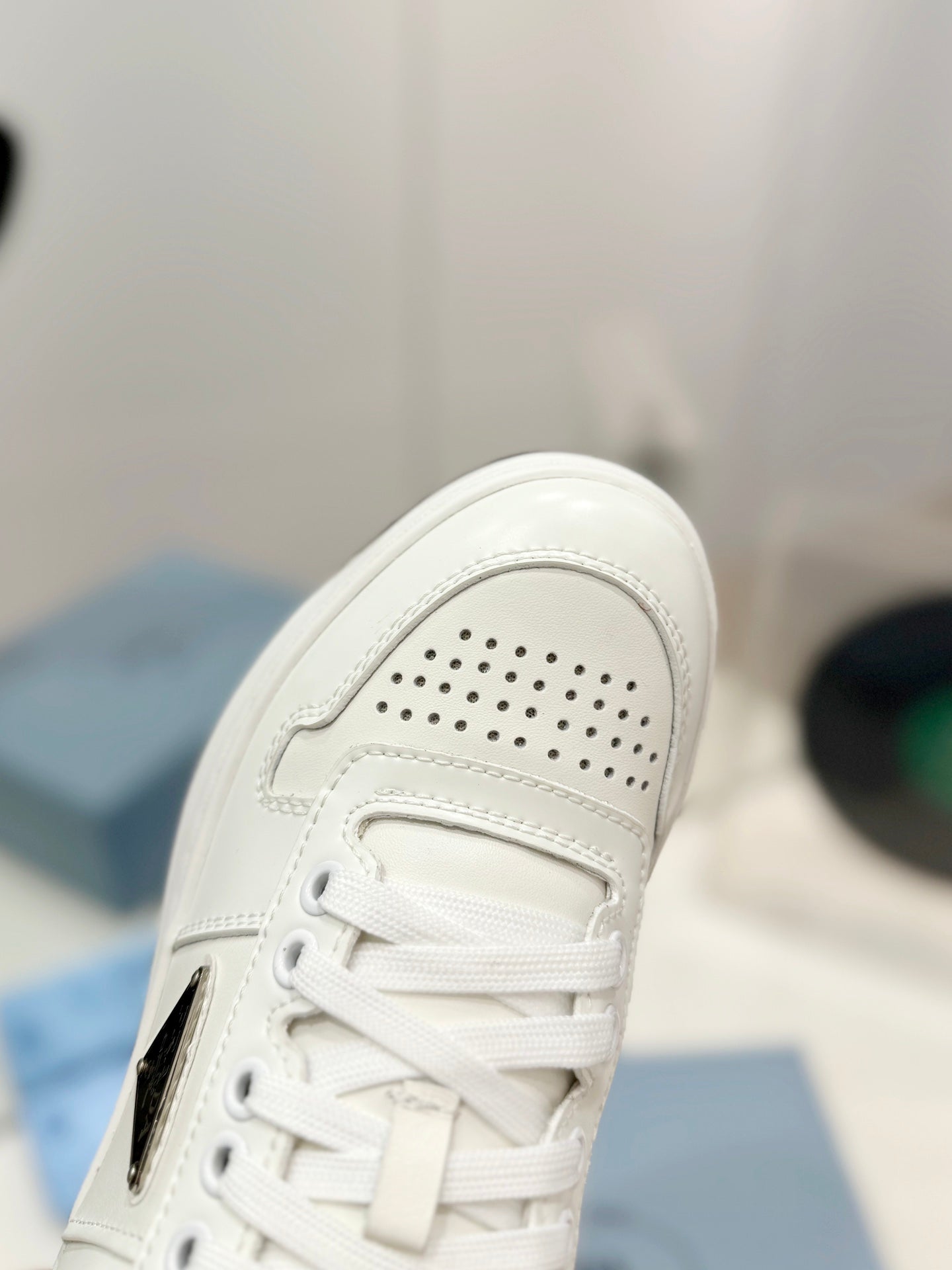 PRA DOWNTOWN PERFORATED SNEAKERS WHITE AND BLACK LOGO CALFSKIN - 35