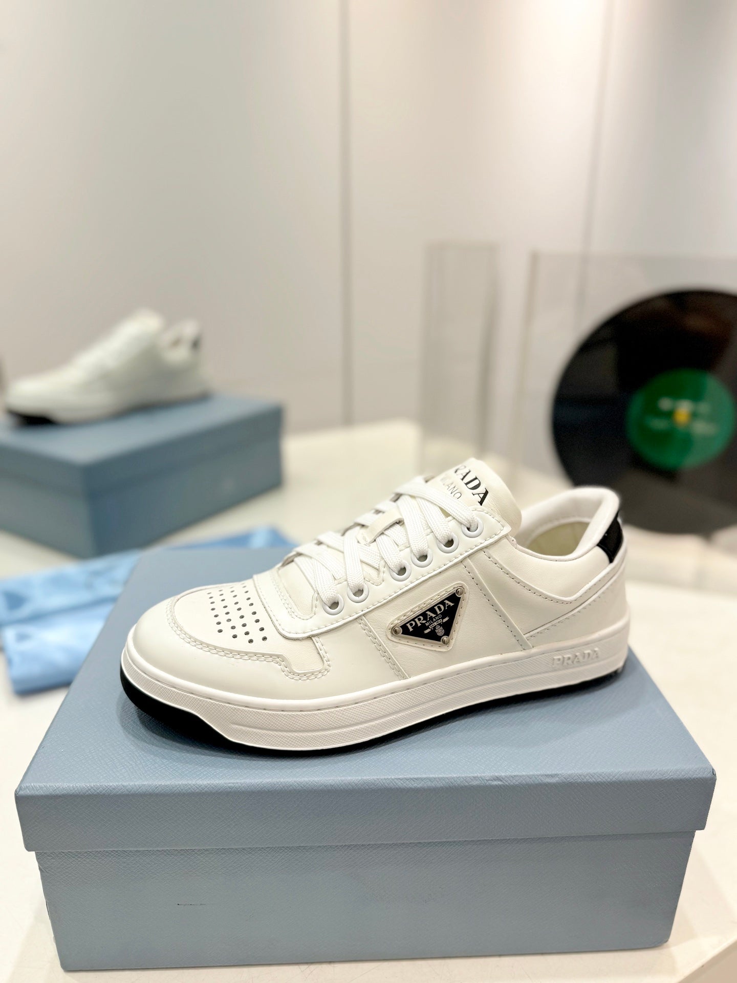 PRA DOWNTOWN PERFORATED SNEAKERS WHITE AND BLACK LOGO CALFSKIN - 35