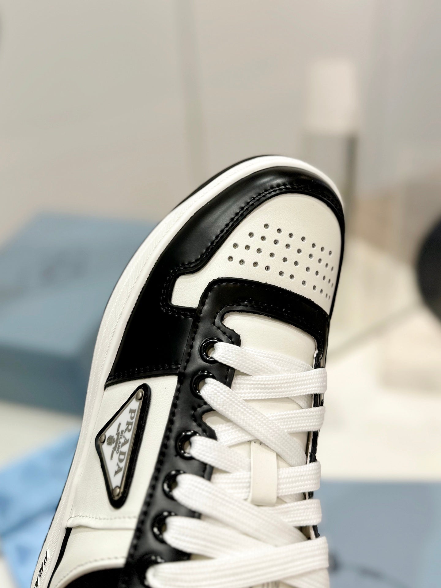 PRA DOWNTOWN PERFORATED SNEAKERS BLACK AND WHITE CALFSKIN - 35