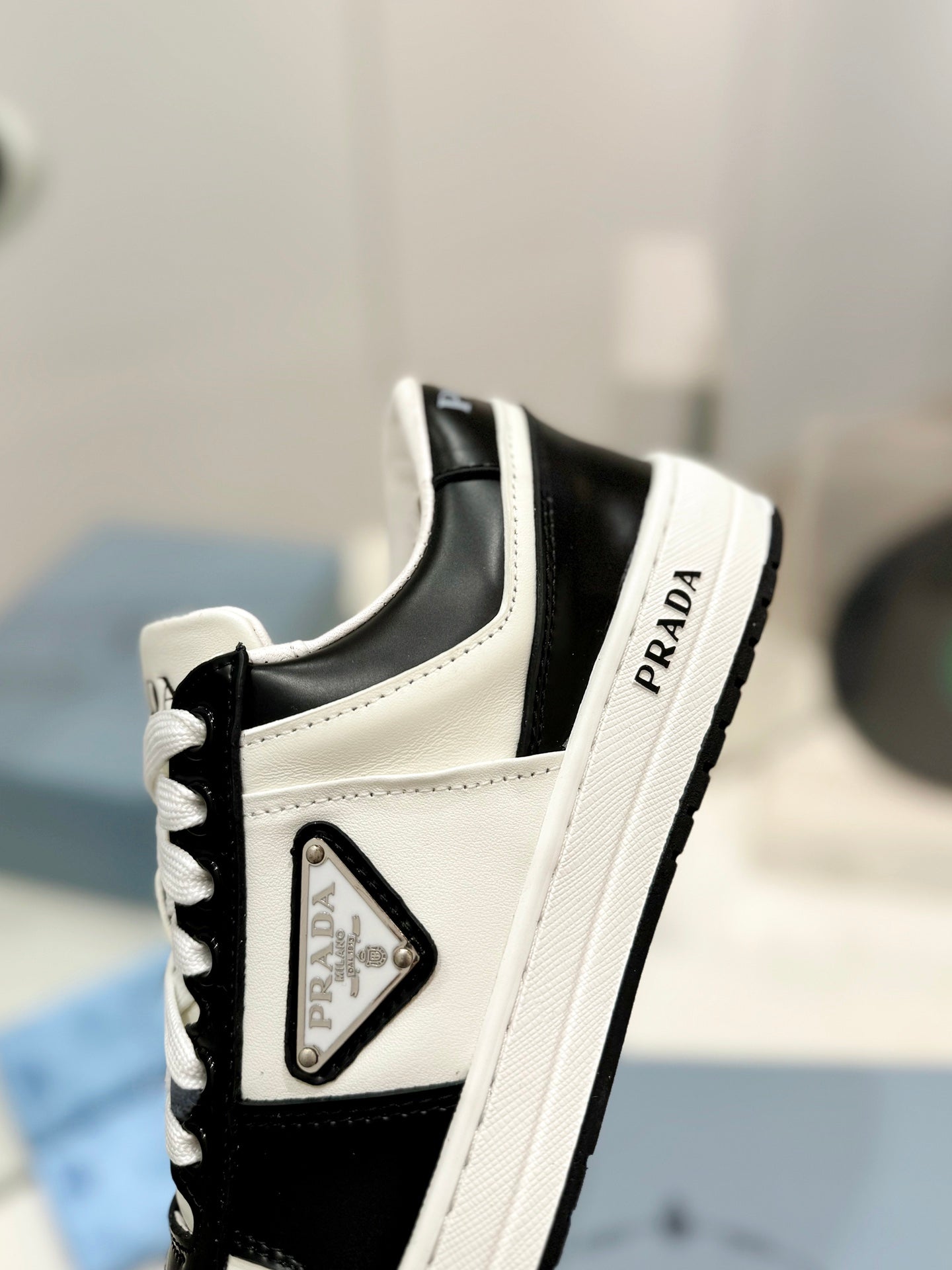 PRA DOWNTOWN PERFORATED SNEAKERS BLACK AND WHITE CALFSKIN - 35