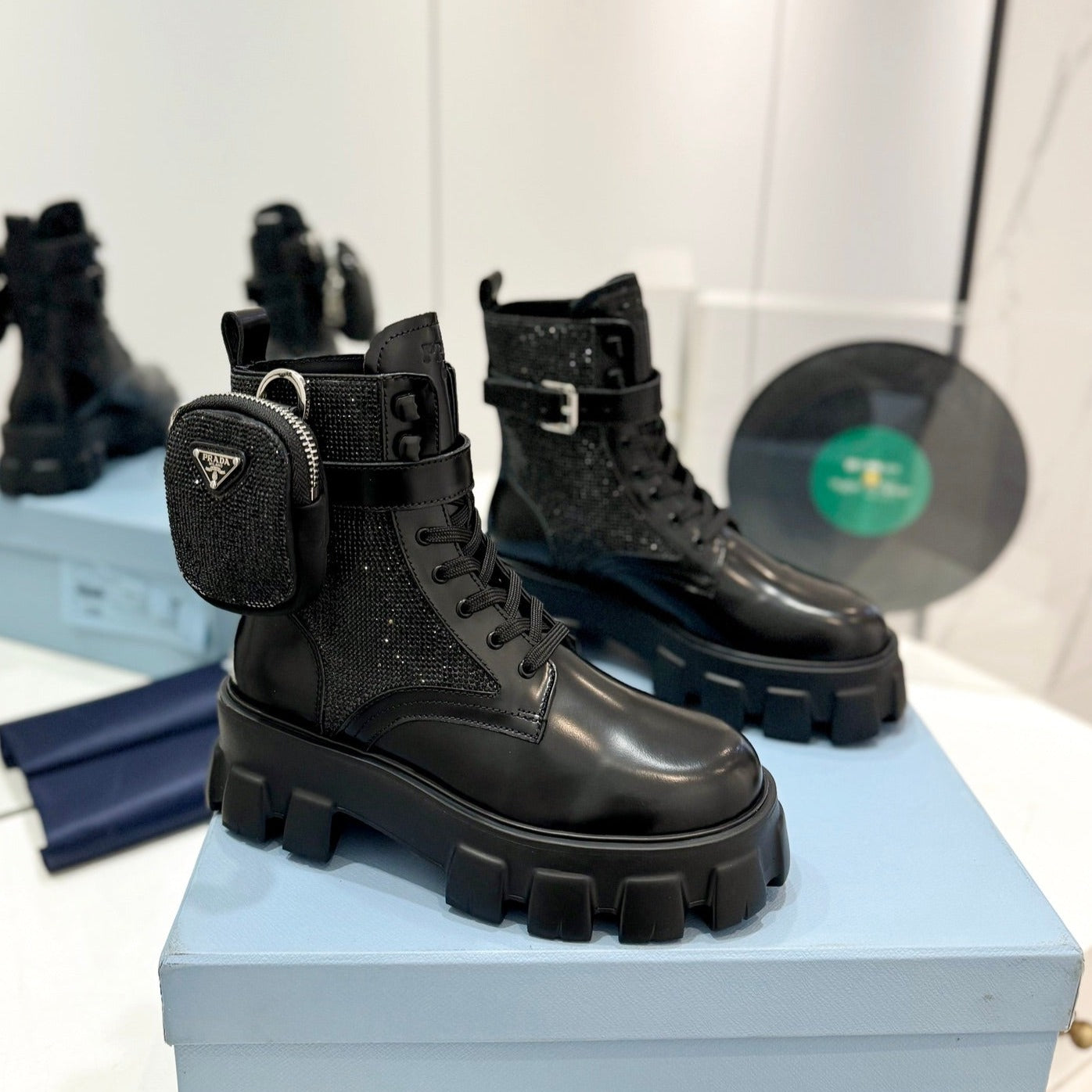 PRA MONOLITH BRUSHED AND RE-NYLON BOOTS WITH POUCH TWINKLE BLACK CALFSKIN - 35