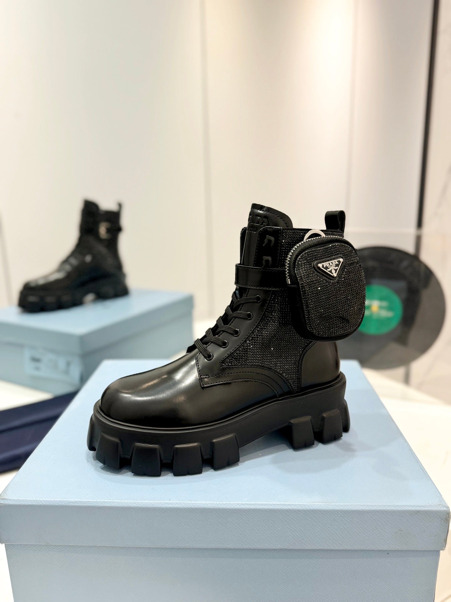 PRA MONOLITH BRUSHED AND RE-NYLON BOOTS WITH POUCH TWINKLE BLACK CALFSKIN - 35