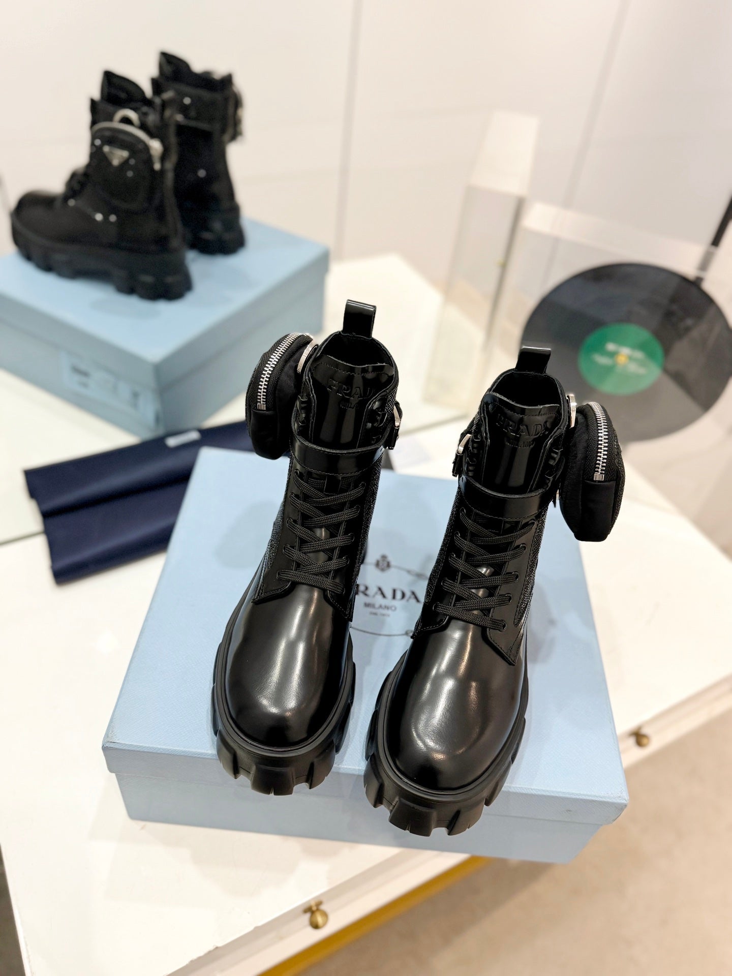 PRA MONOLITH BRUSHED AND RE-NYLON BOOTS WITH POUCH TWINKLE BLACK CALFSKIN - 35