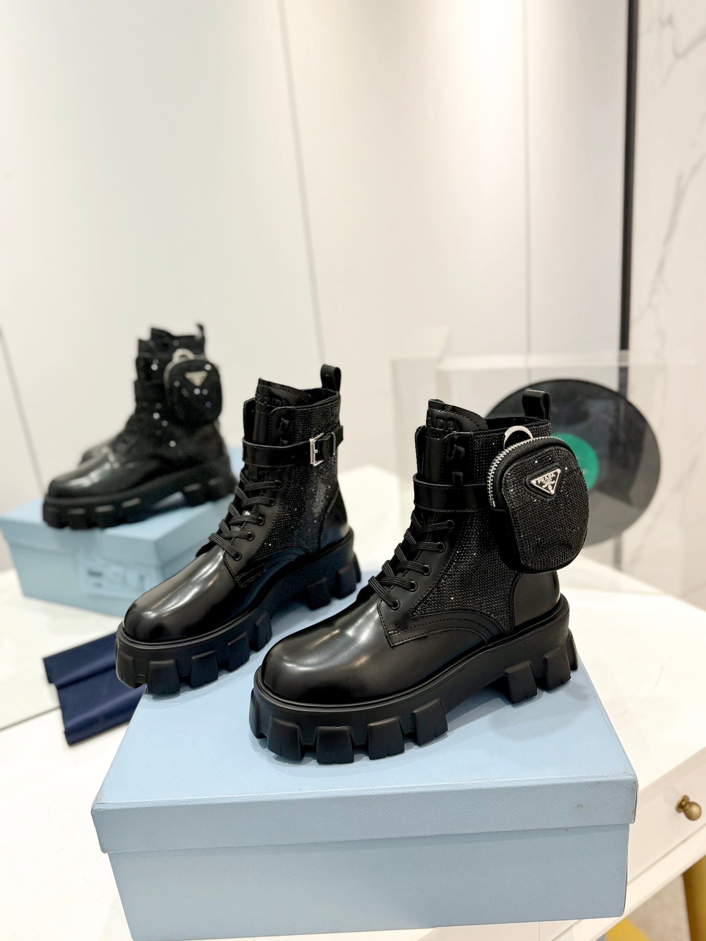 PRA MONOLITH BRUSHED AND RE-NYLON BOOTS WITH POUCH TWINKLE BLACK CALFSKIN - 35